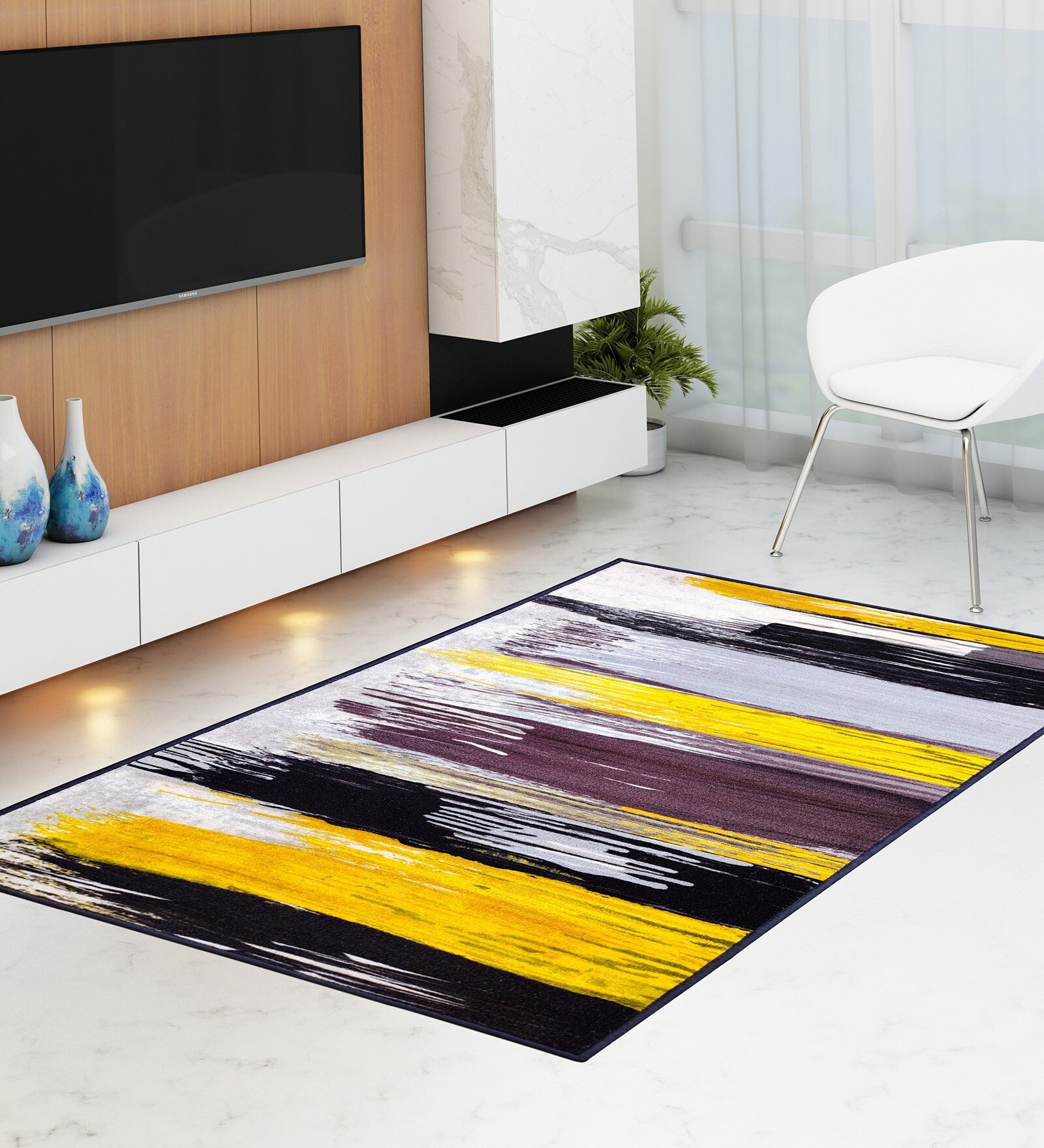 Yellow Abstract Nylon 3 X 5 ft Machine Made Carpet