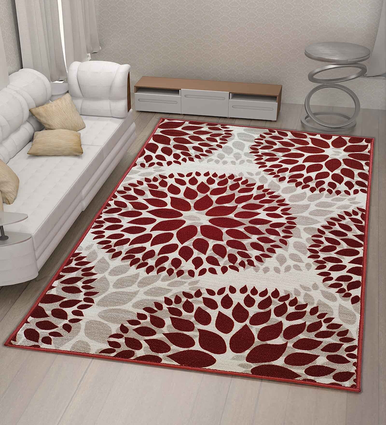 Maroon Floral Nylon 5 x 7 Feet Machine Made Carpet