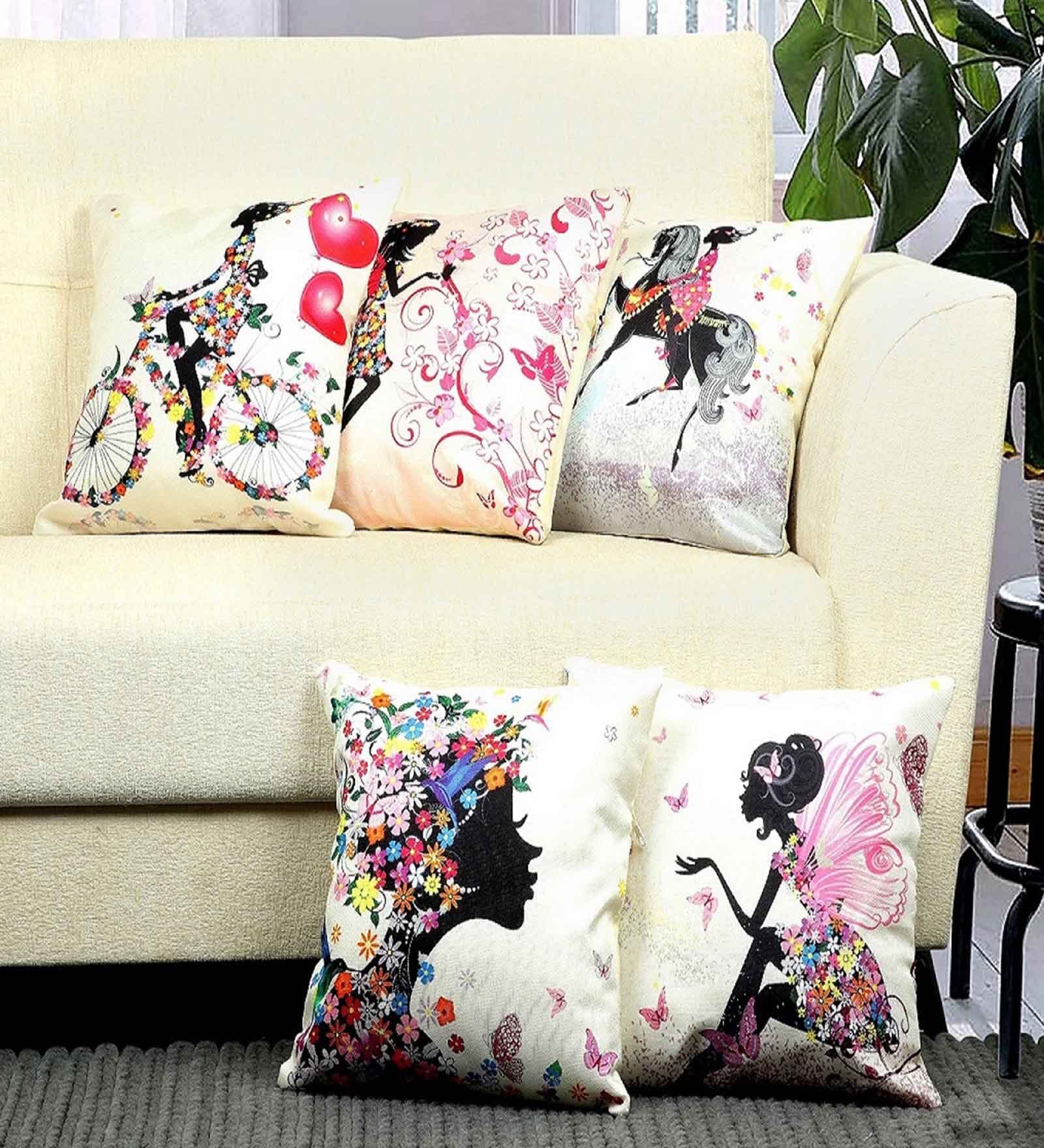 Multicolor Abstract Polyester 16 X 16 Inches Cushion Cover (Set of 5)