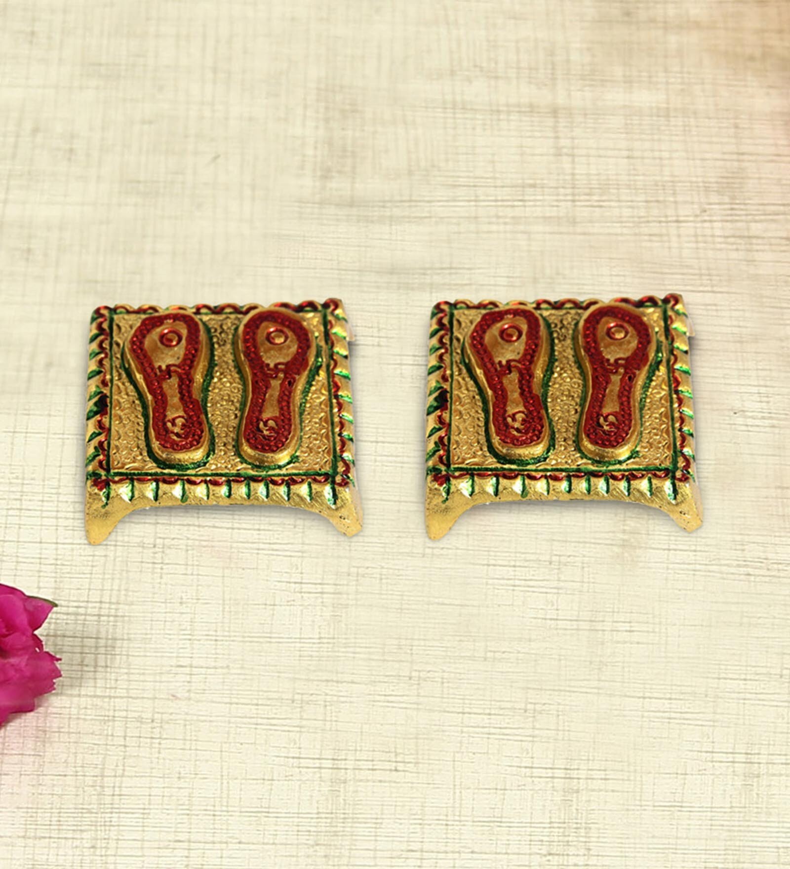 Multicolor Aluminium Charan Paduka Set On A Metal Base Idol