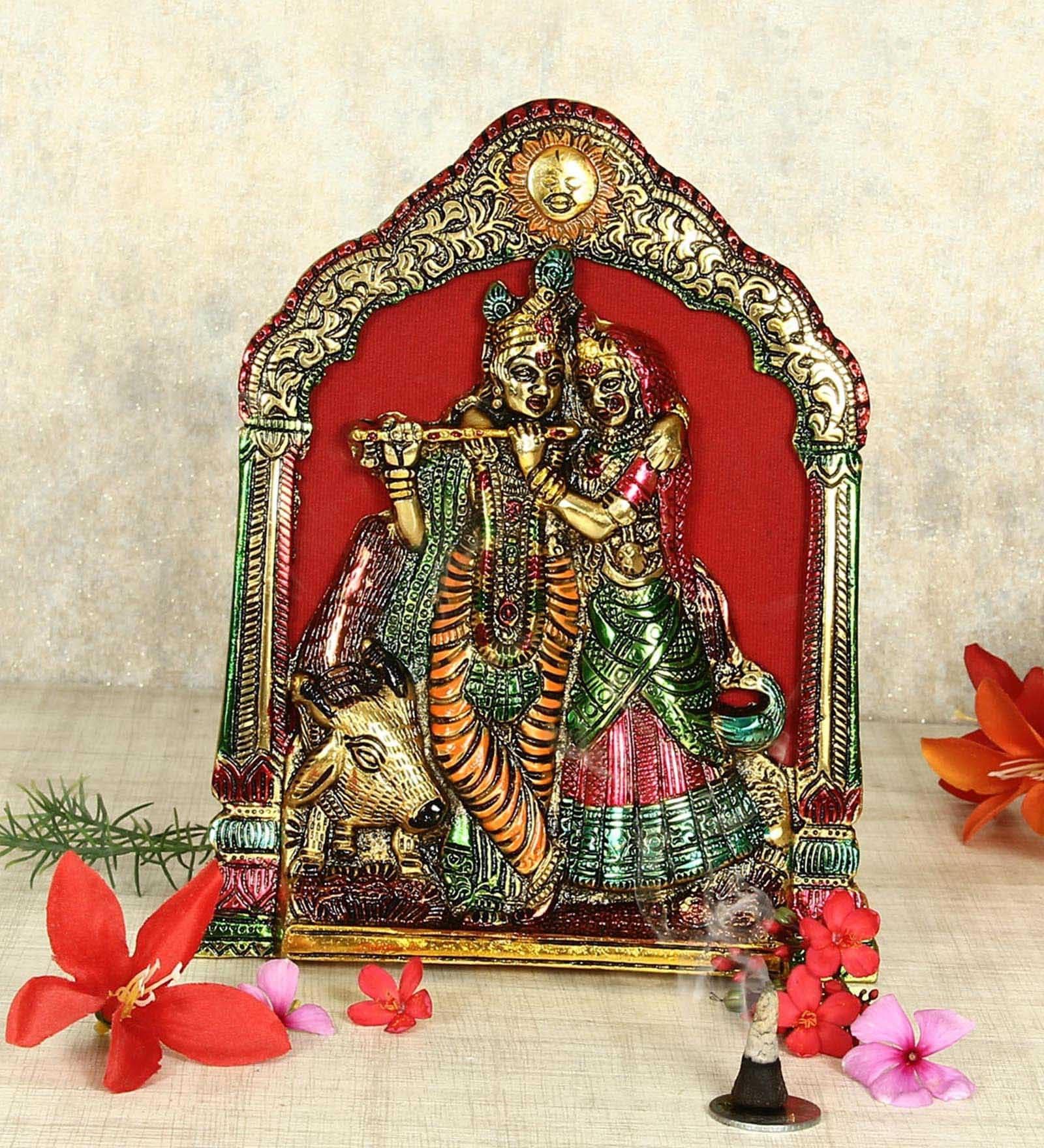 Multicolor Aluminium Radha Krishna With Cow At The Back Sculpture Idol
