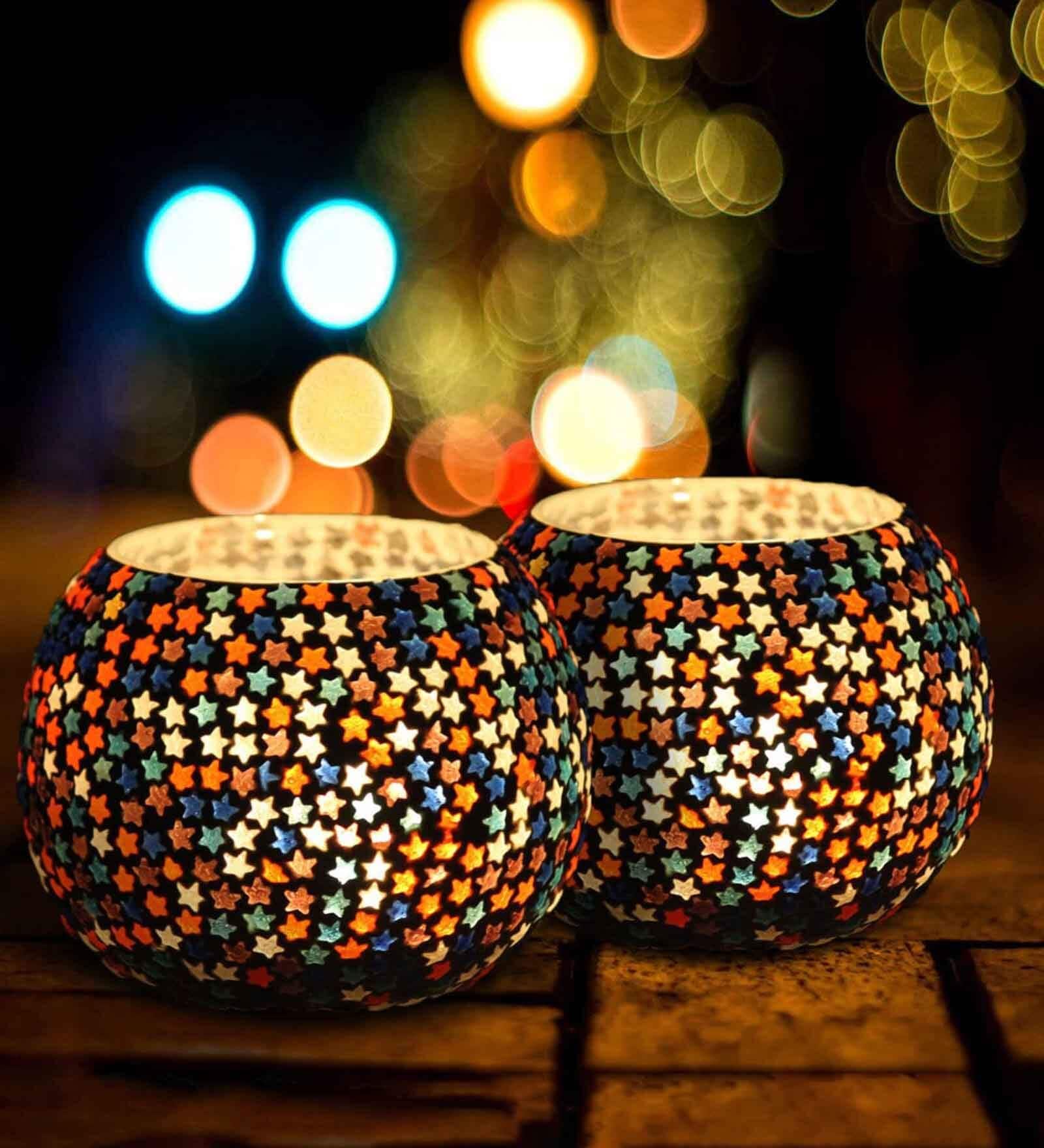 Multicolor Aluminium Glass Mosaic Diwali T-Light Holders (Pack of 2)