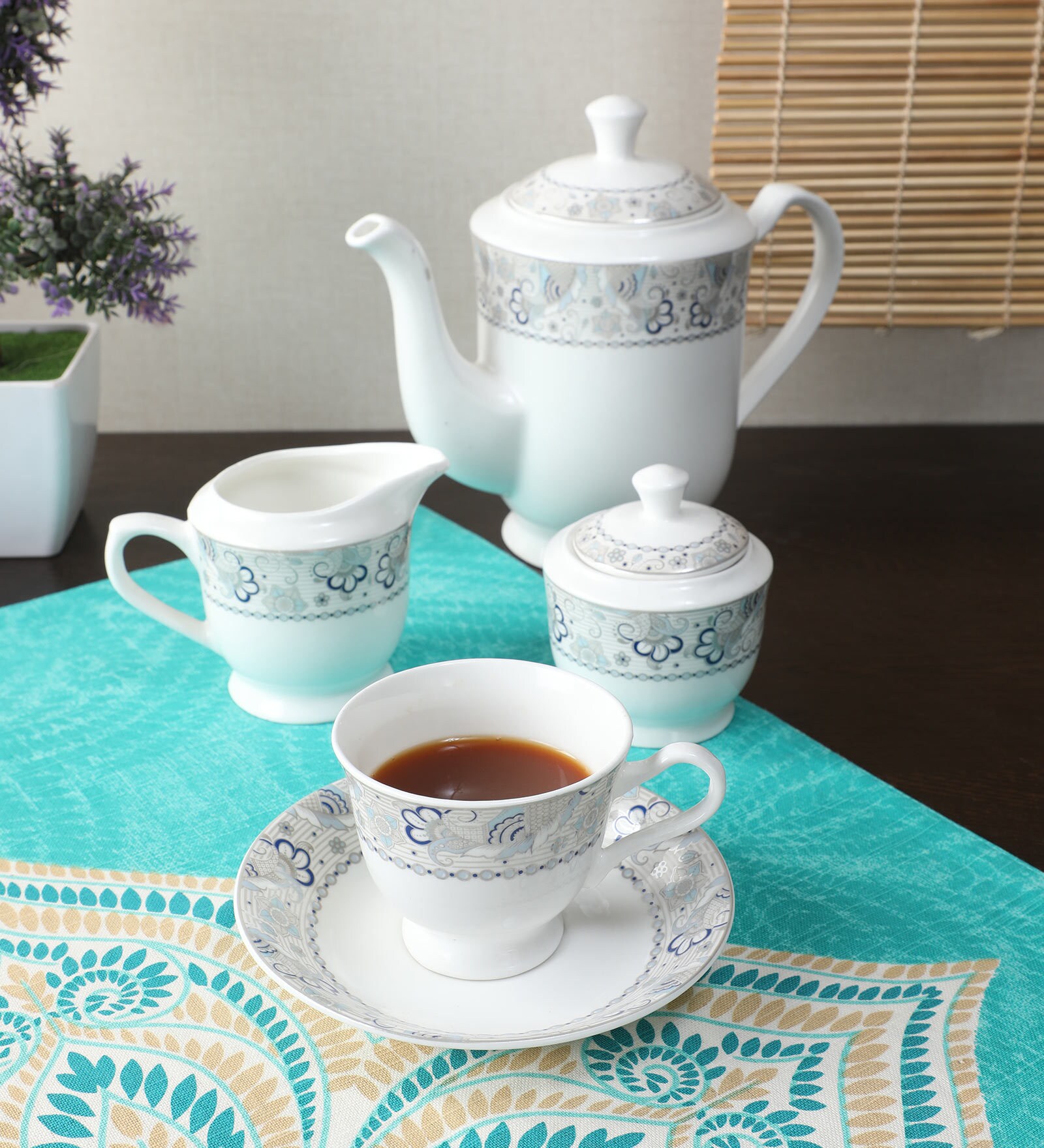 Buy 850 ML Bone China Platina Series Tea Set in Silver Set of 15 by BP