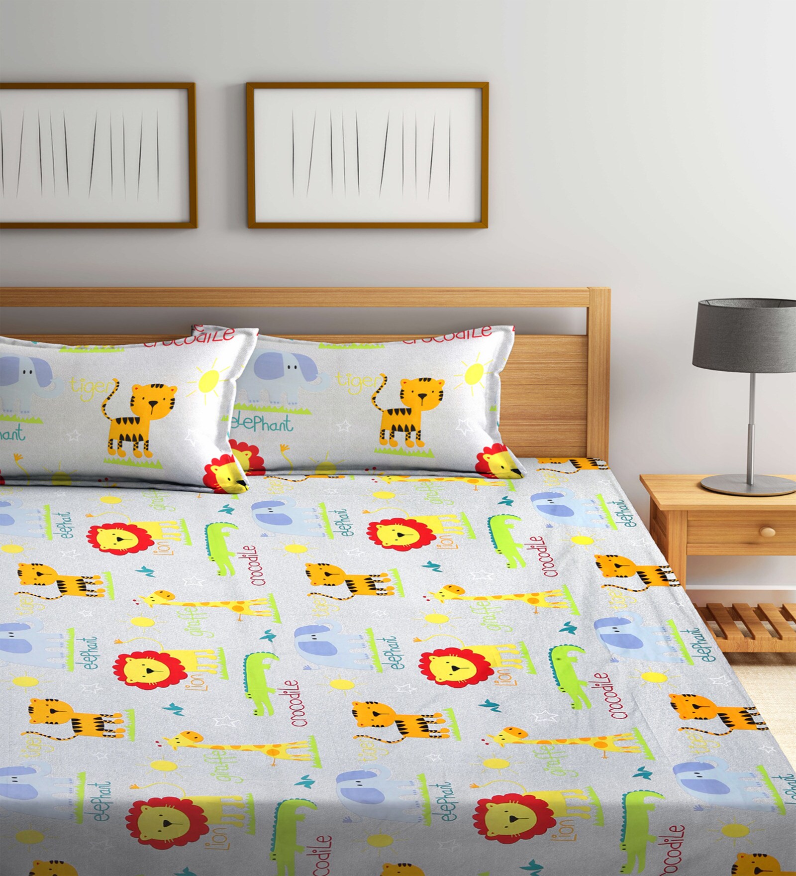 Multicolor Cartoon 300 TC Cotton Blend Double Bedsheet With 2 Pillow Covers