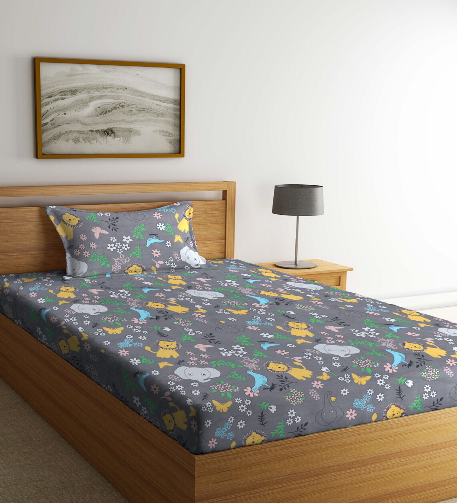 Multicolor Cartoon Characters 300 TC Cotton Single Bedsheet with 1 Pillow Cover