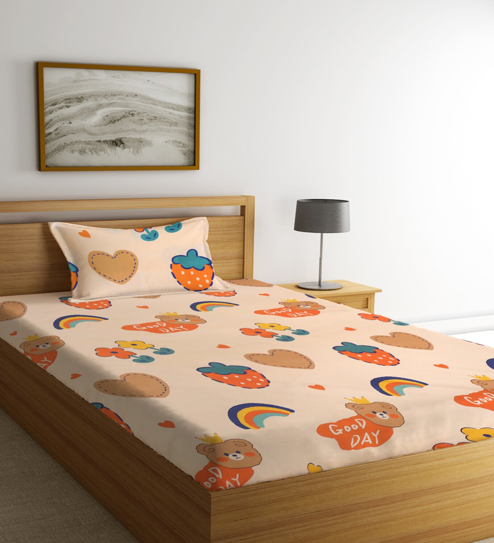 Multicolor Cartoon Characters 300 TC Cotton Single Bedsheet with 1 Pillow Cover