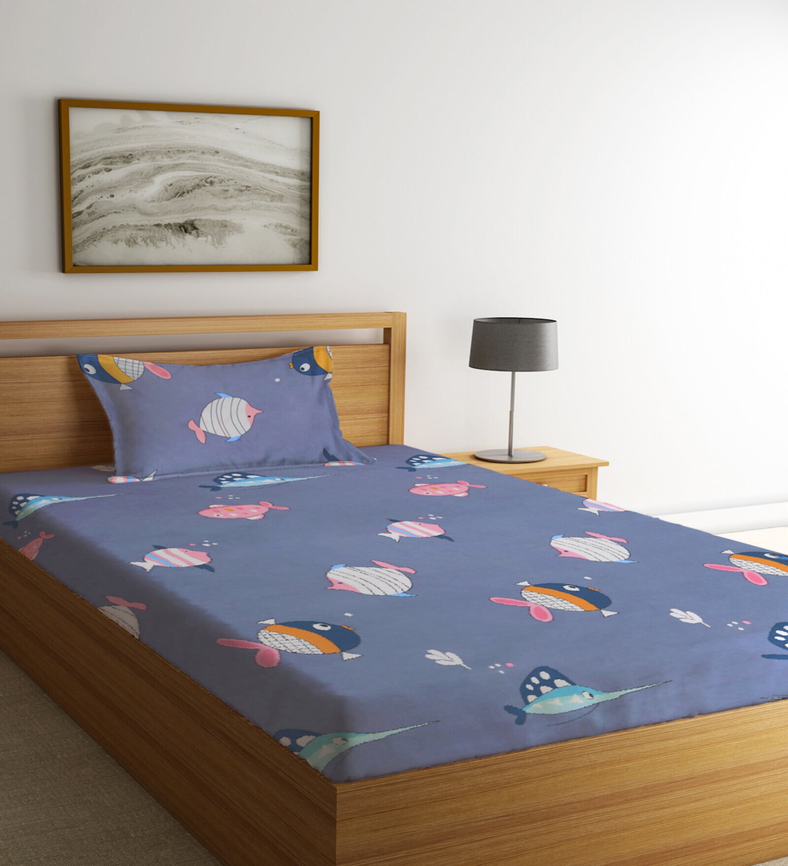 Multicolor Cartoon Characters 300 TC Cotton Single Bedsheet with 1 Pillow Cover