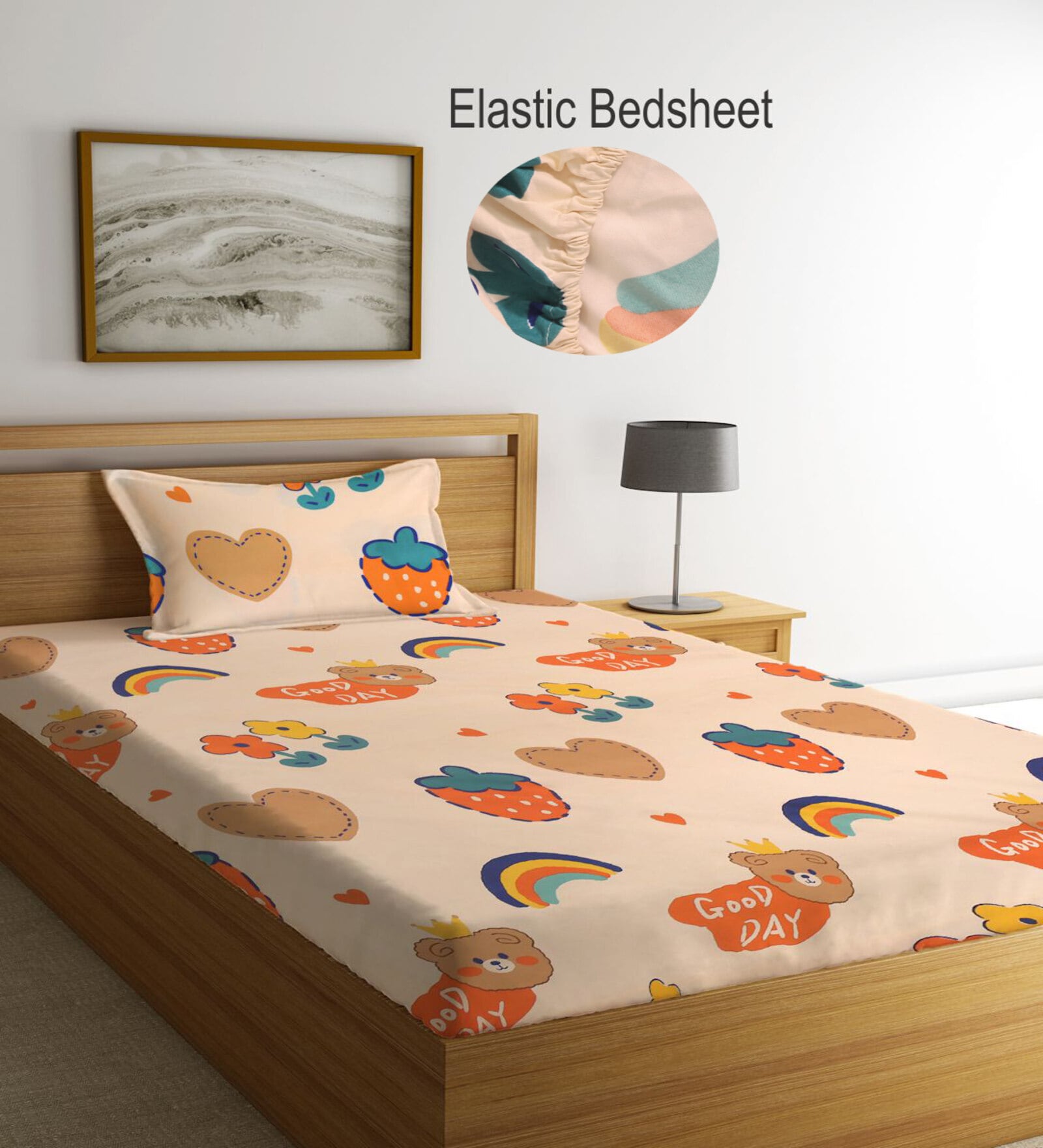 Multicolor Cartoon Characters 300 TC Cotton Single Bedsheet with 1 Pillow Cover
