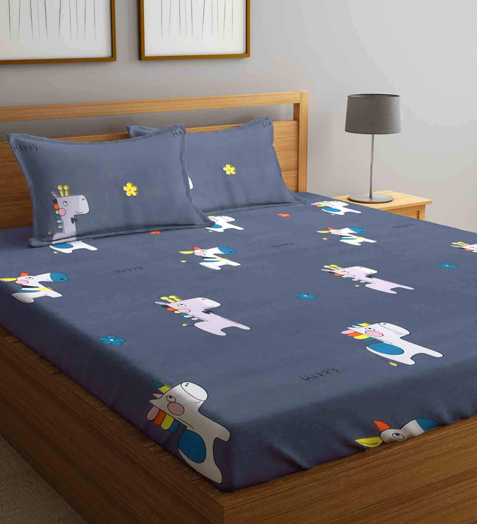 Dark Grey Characters 210 TC Poly Cotton Double Size Bedsheet With 2 Pillow Covers