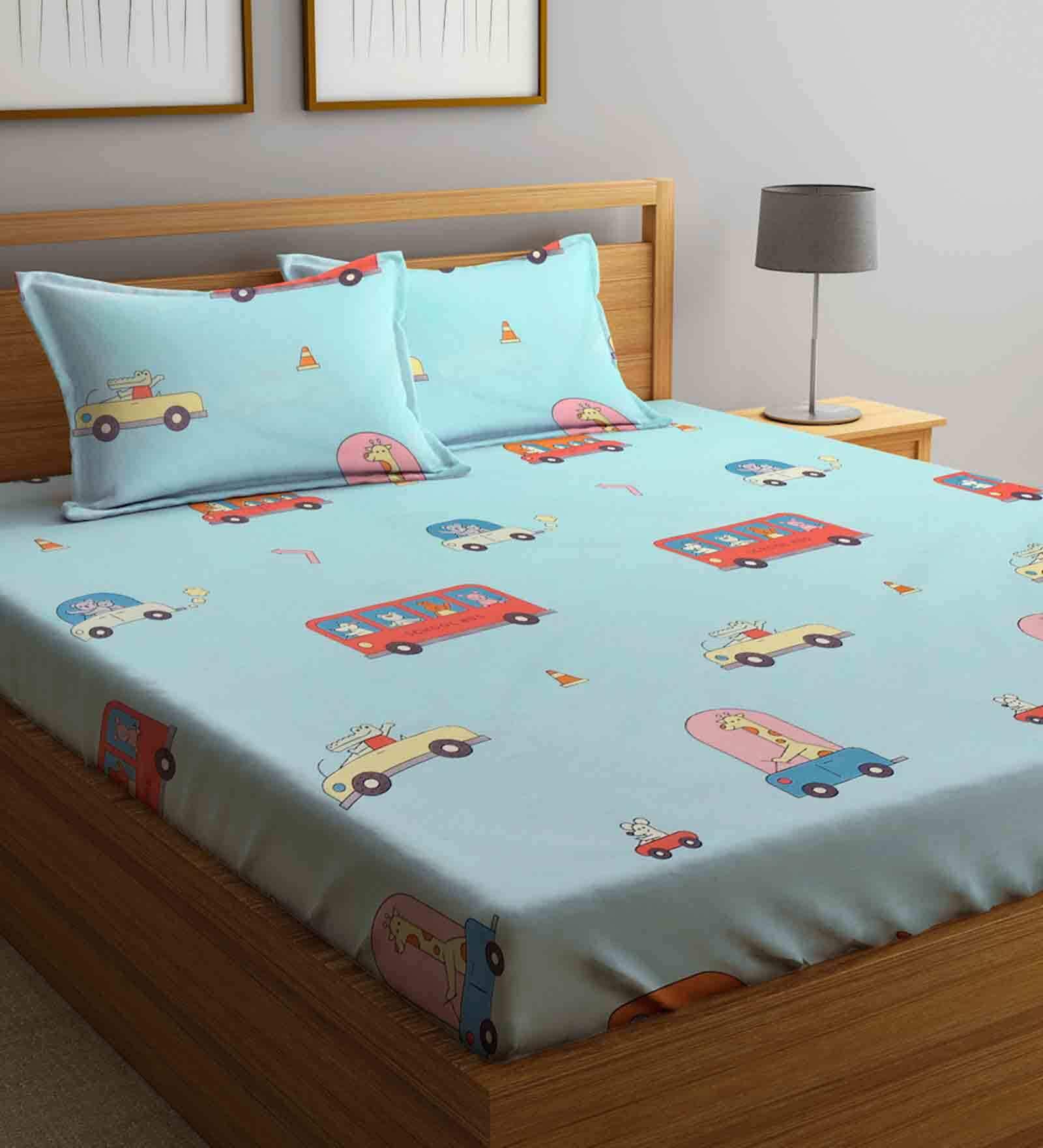 Multicolor Cartoon Characters TC 210 Polycotton King Sized Kids Bedsheet With 2 Pillow Covers