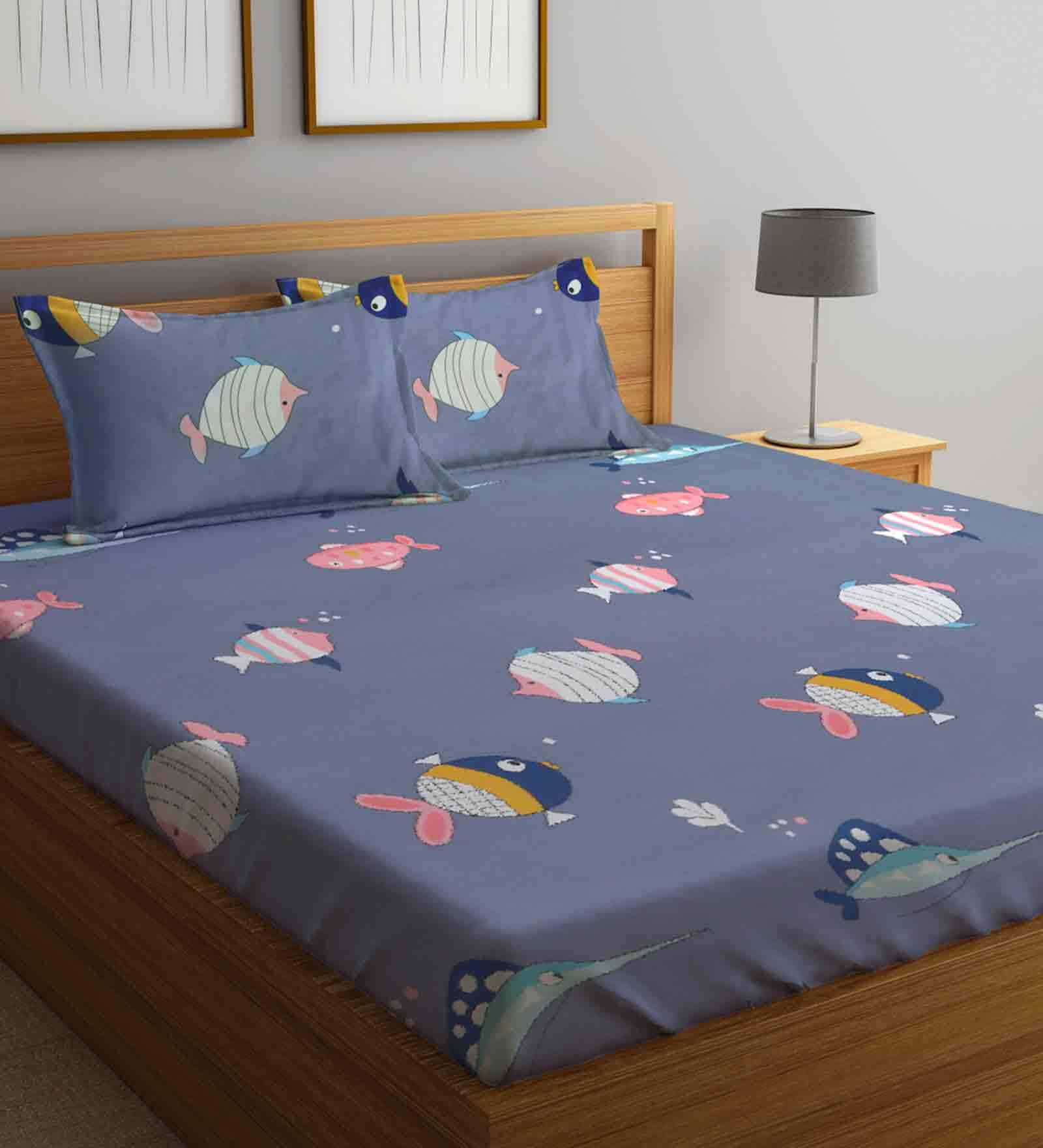 Grey Fish Print 210 TC Poly Cotton Double Size Bedsheet With 2 Pillow Covers