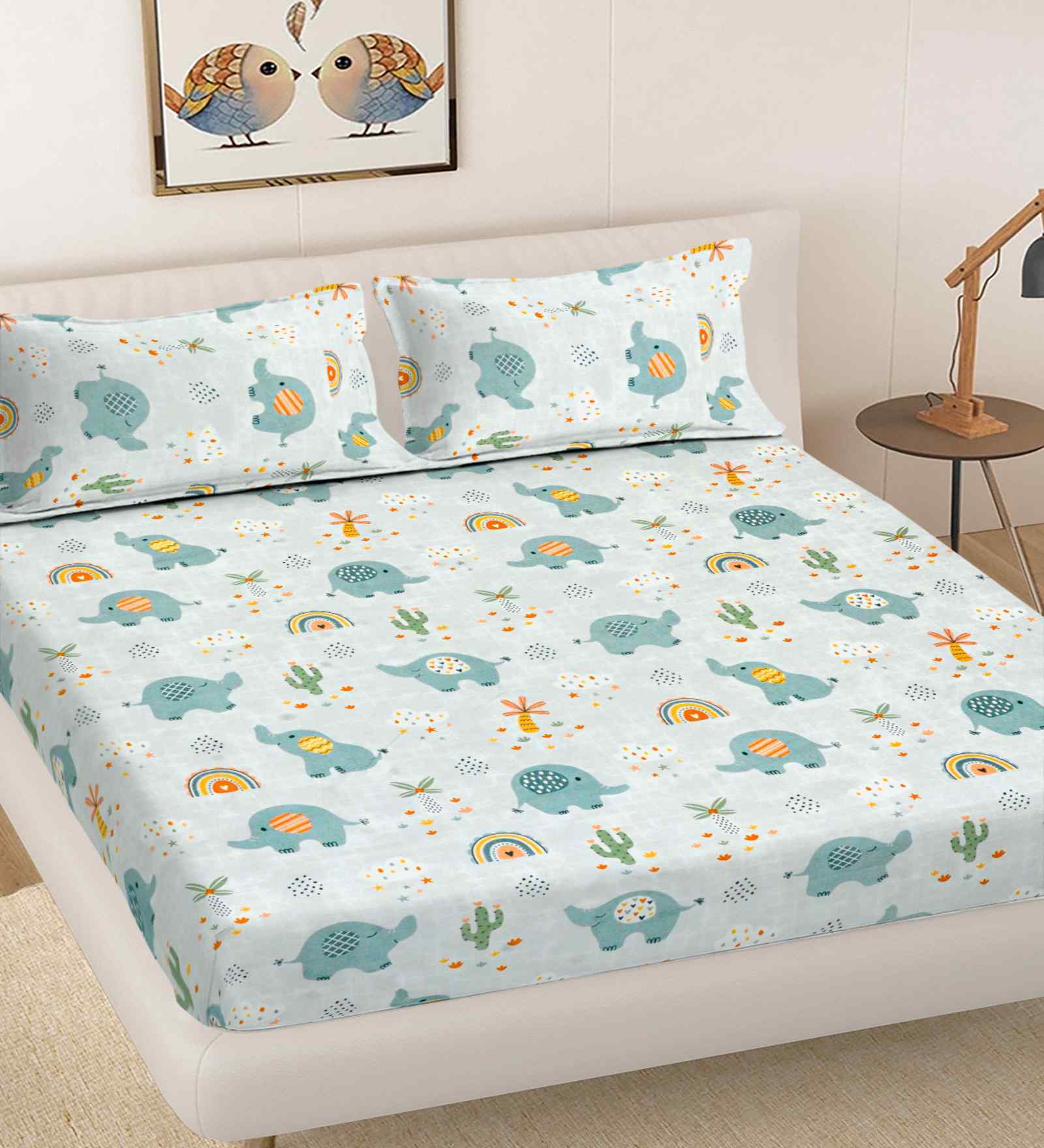 Blue Cartoon Print 300 TC Cotton Blend King Size Double Bedsheet with 2 Pillow Covers