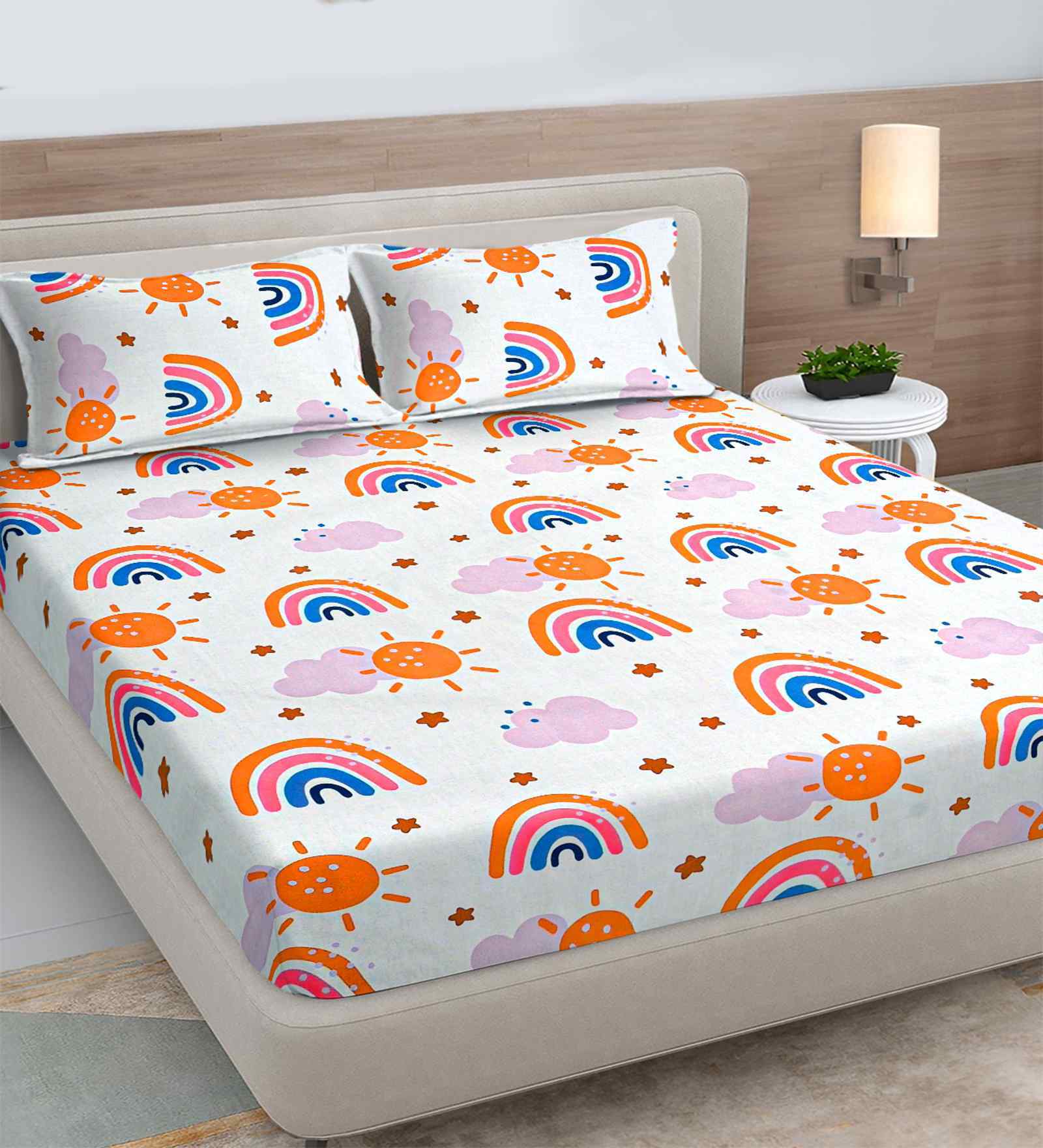 Orange Cartoon Print 300 TC Cotton Blend King Size Double Bedsheet with 2 Pillow Covers