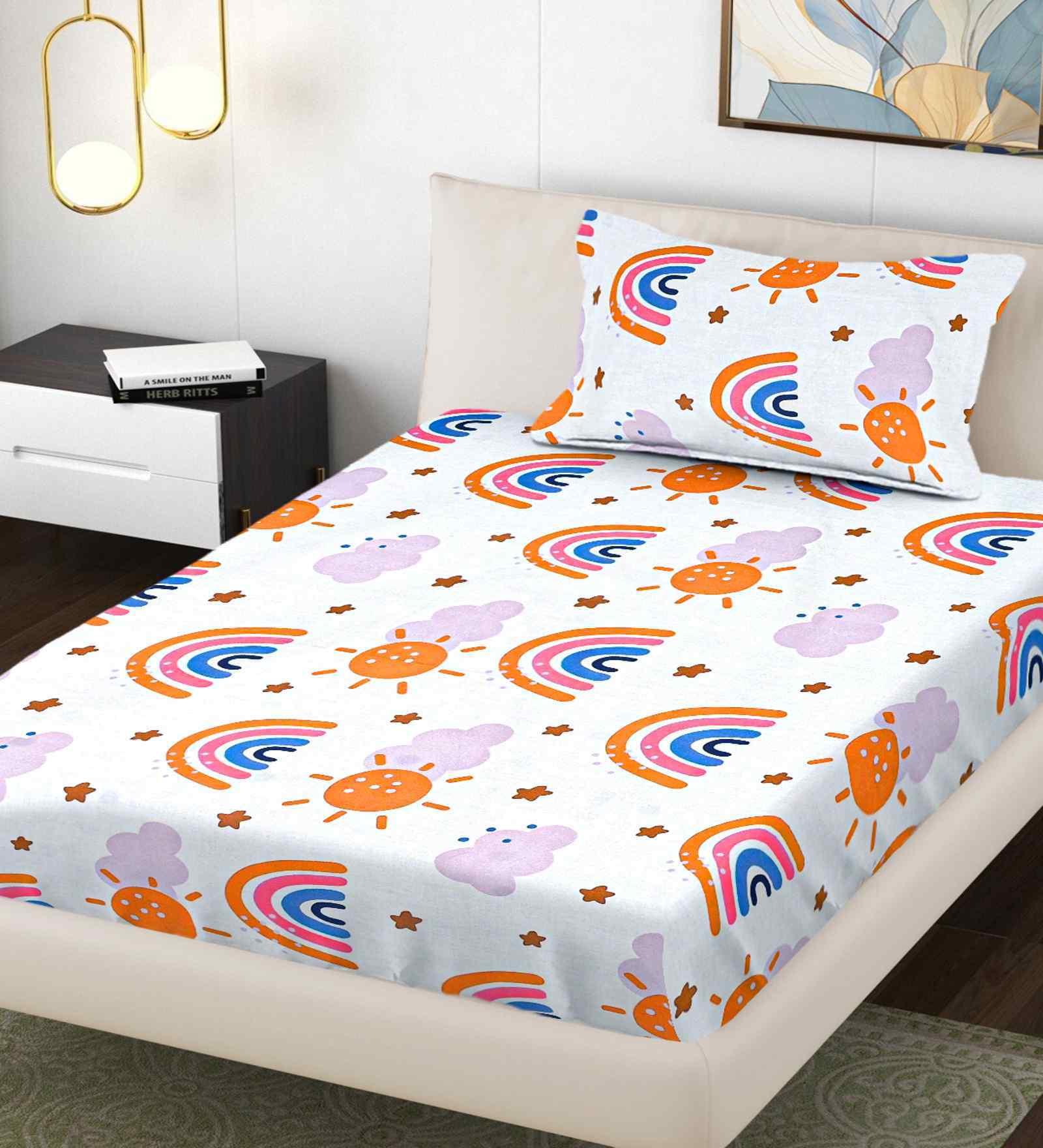 Multicolor Cartoon Print 300 TC Cotton Blend Single Bedsheet with 1 Pillow Cover