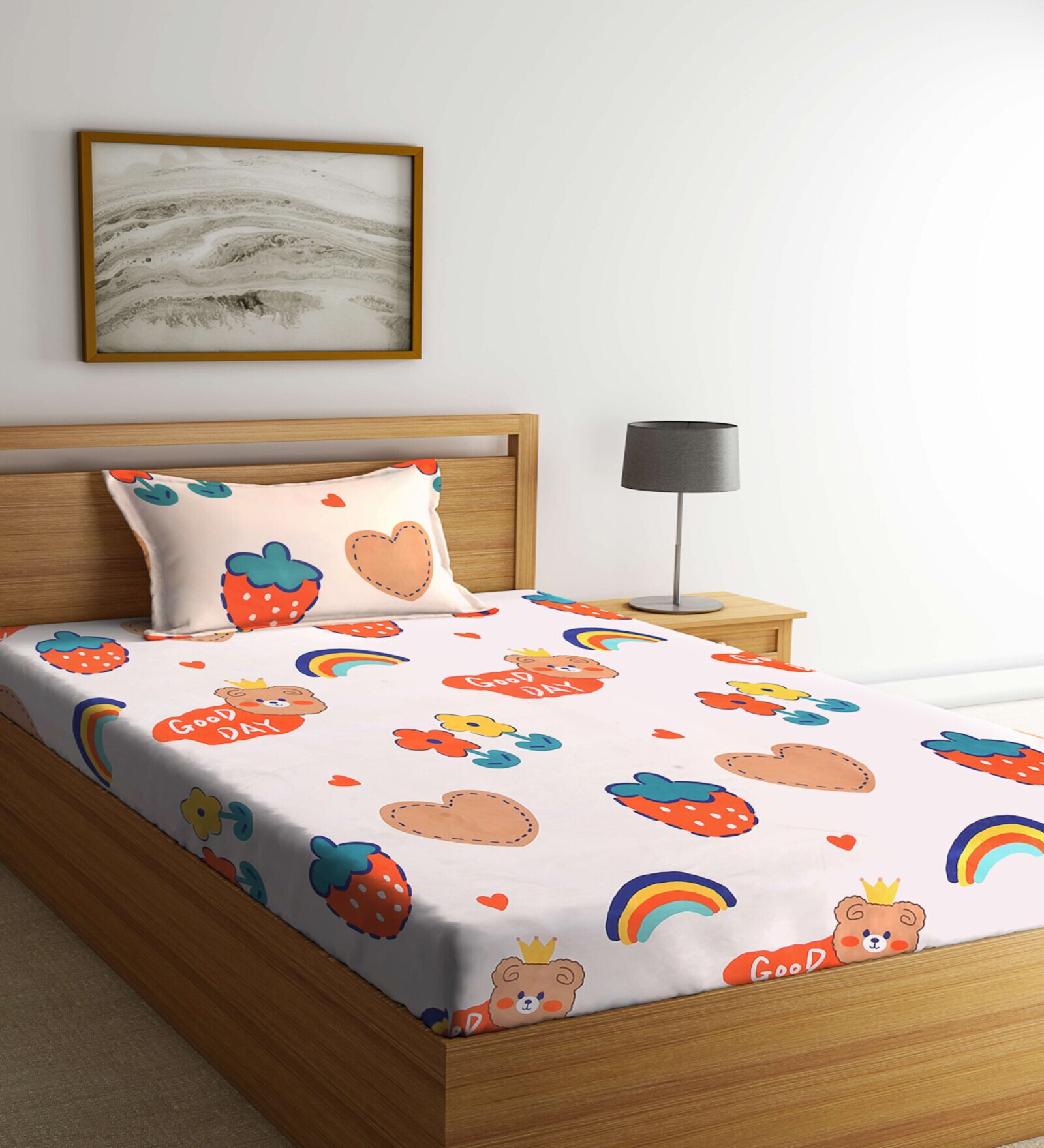 Multicolor Cartoon Printed 300 TC Cotton Blend Single Bedsheet with 1 Pillow Cover