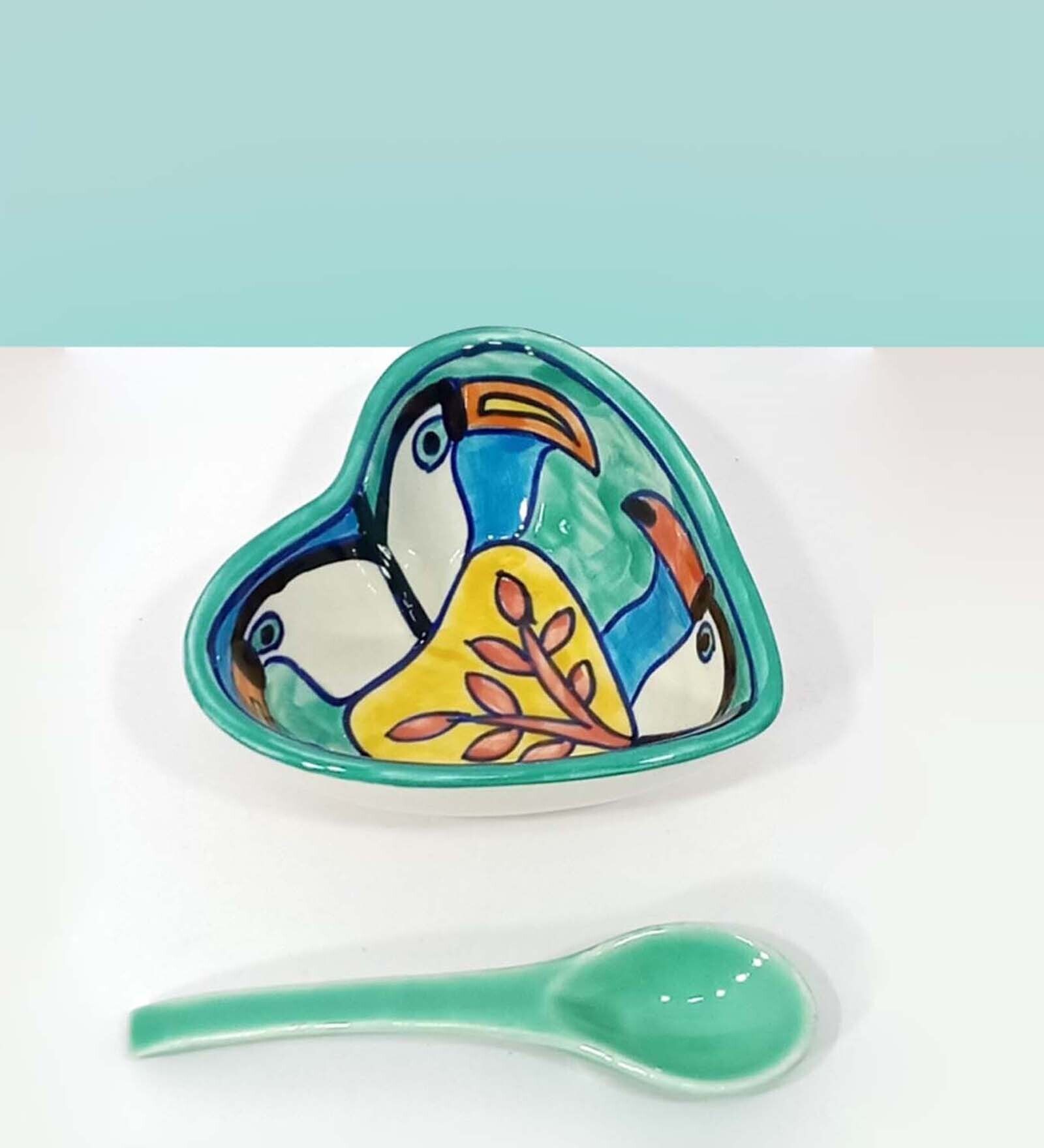 Tropical Bay Handmade Green Ceramic (Set of 2) Dinner Bowl with Spoon