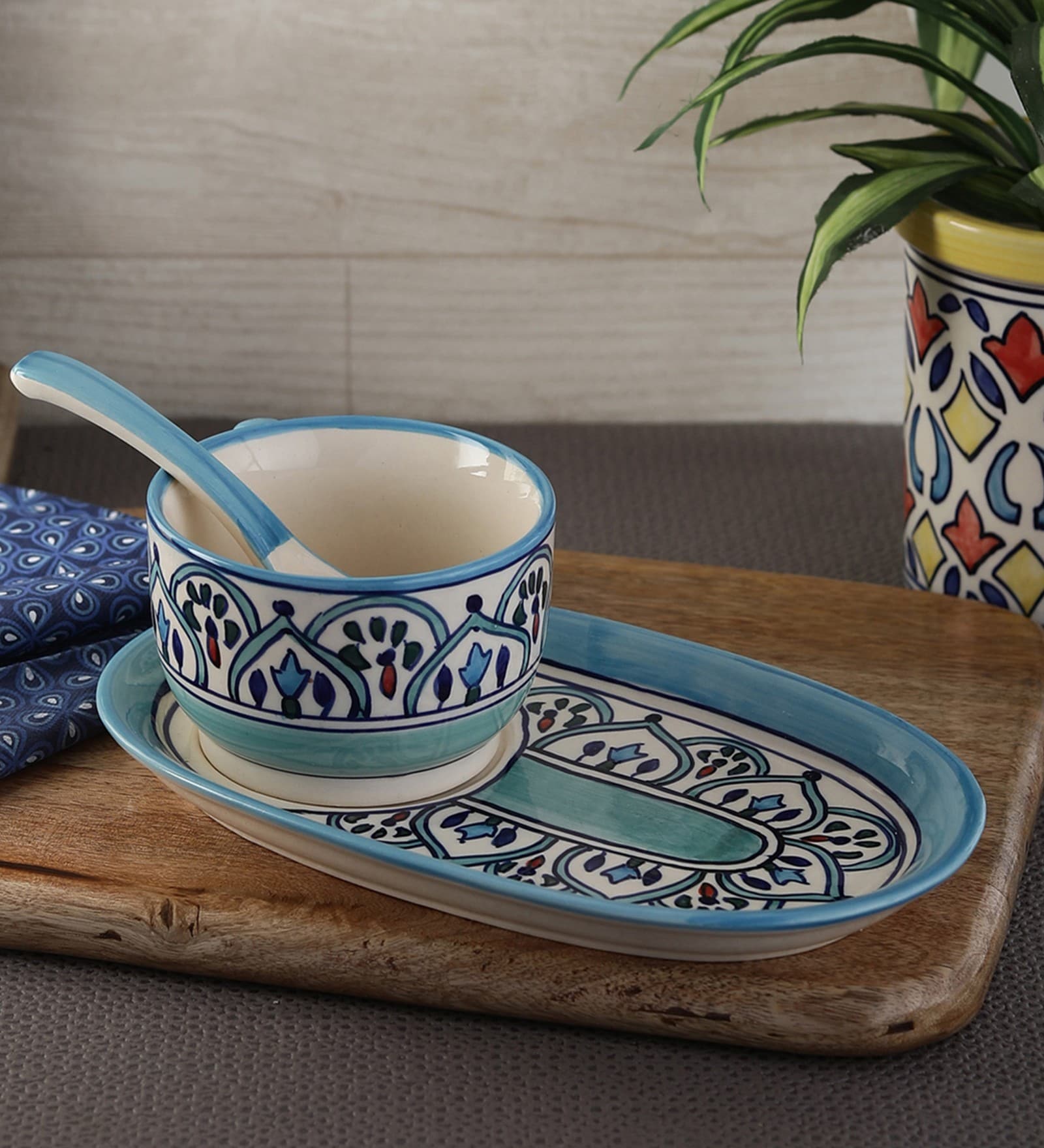 The Royal Blue Crown 250ml (Set of 3) Ceramic Soup Bowl With Spoon & Tray