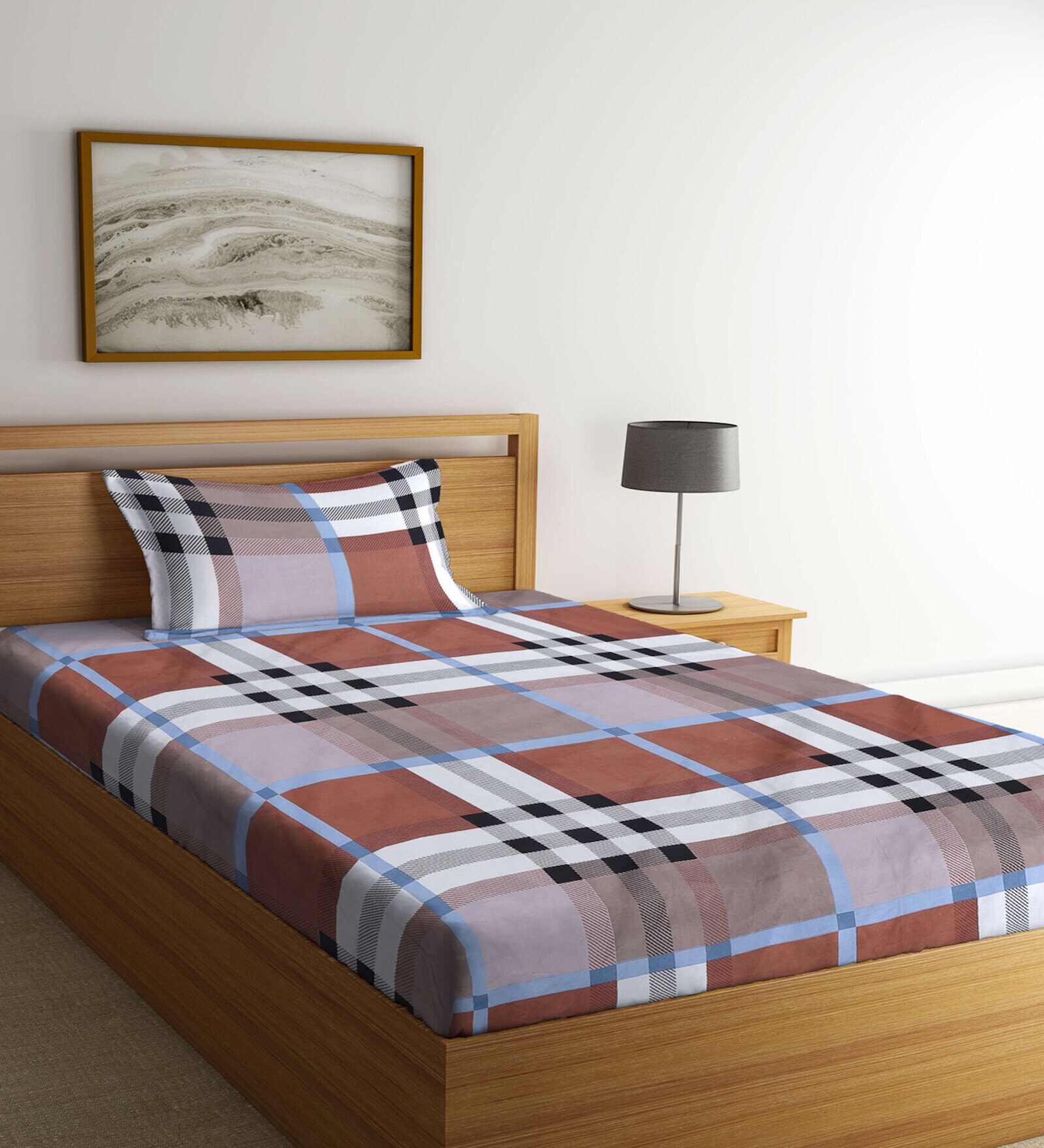 Multicolor Checkered 300 TC Cotton Blend Single Bedsheet with 1 Pillow Cover