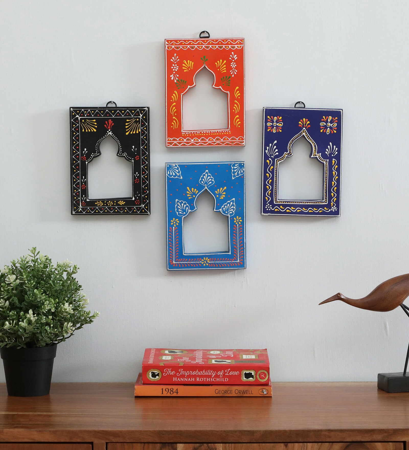 Multicolor Color Handpainted Engineered Wood Carving Set of 4 Jharokha Frame