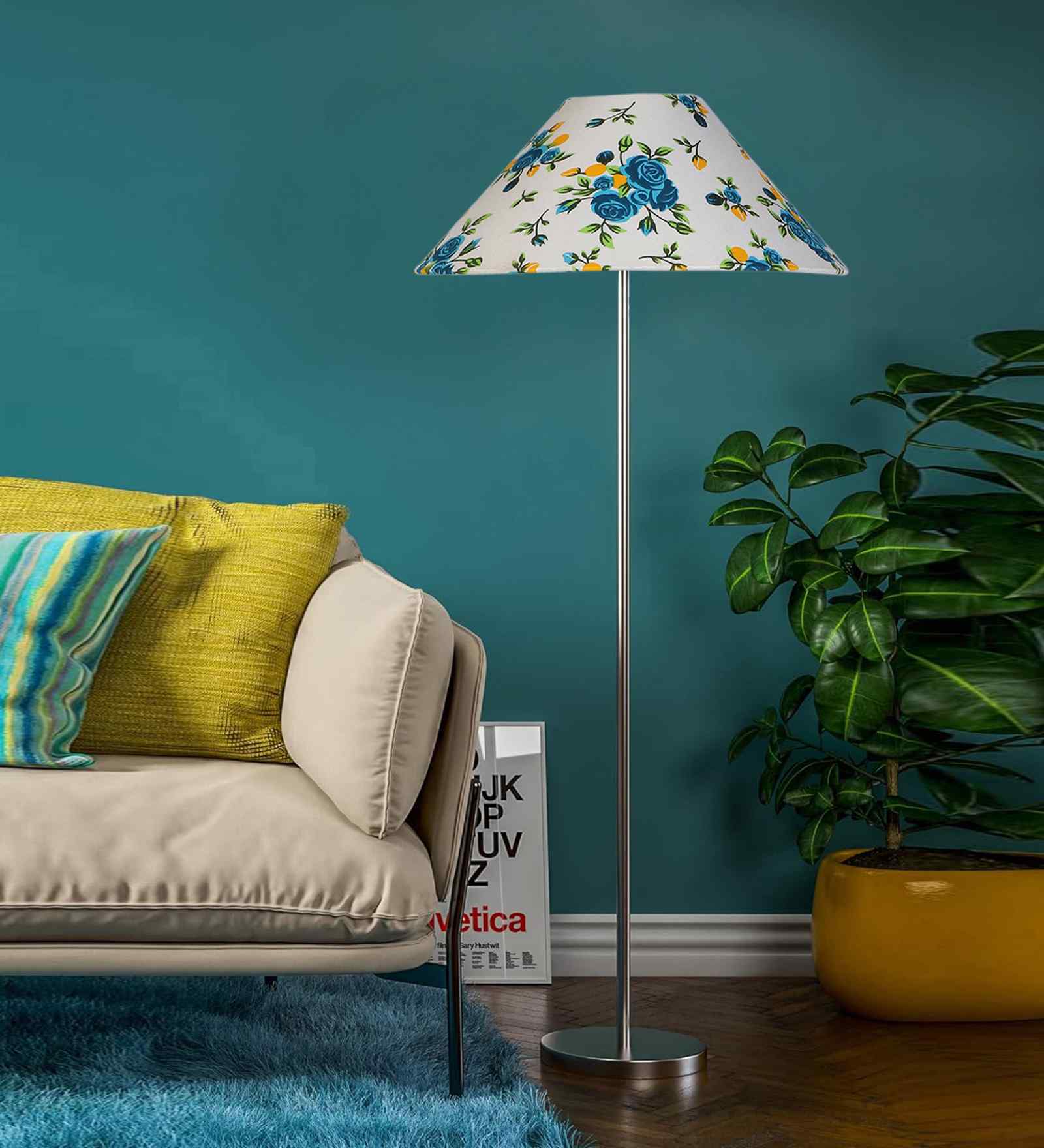 Multicolor Coolie Cotton Shade Floor Lamp Steel Base