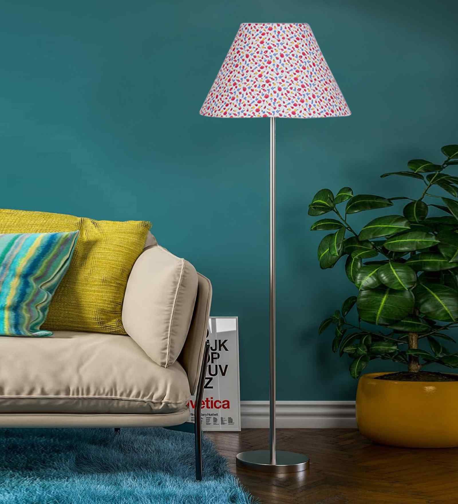 Multicolor Cotton Cotton Conical Shade Steel Floor Lamp Steel Base