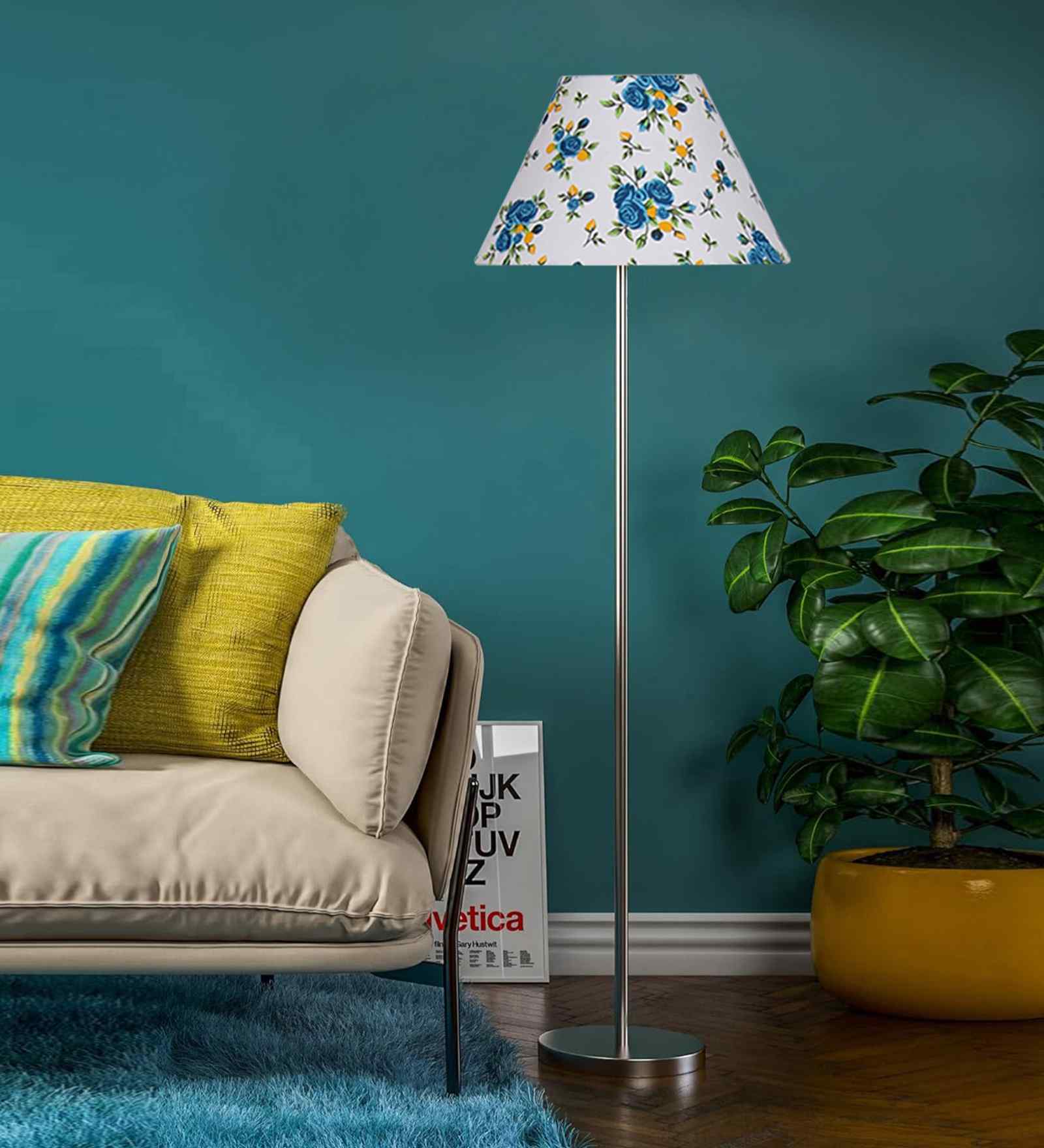 Multicolor Cotton Cotton Conical Shade Steel Floor Lamp Steel Base