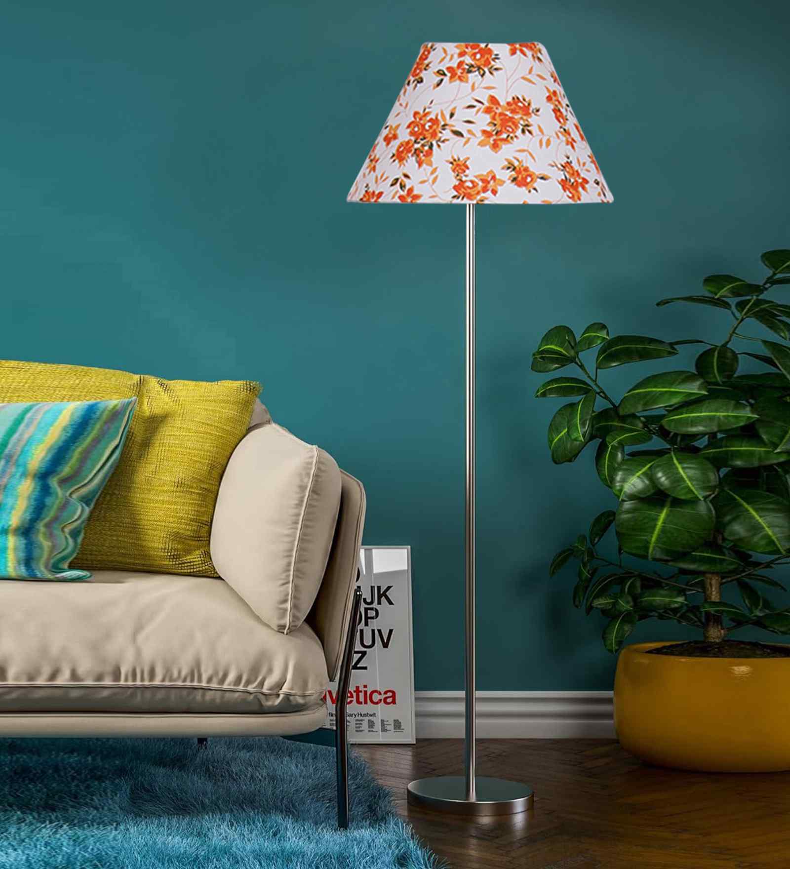 Multicolor Cotton Cotton Conical Shade Steel Floor Lamp Steel Base