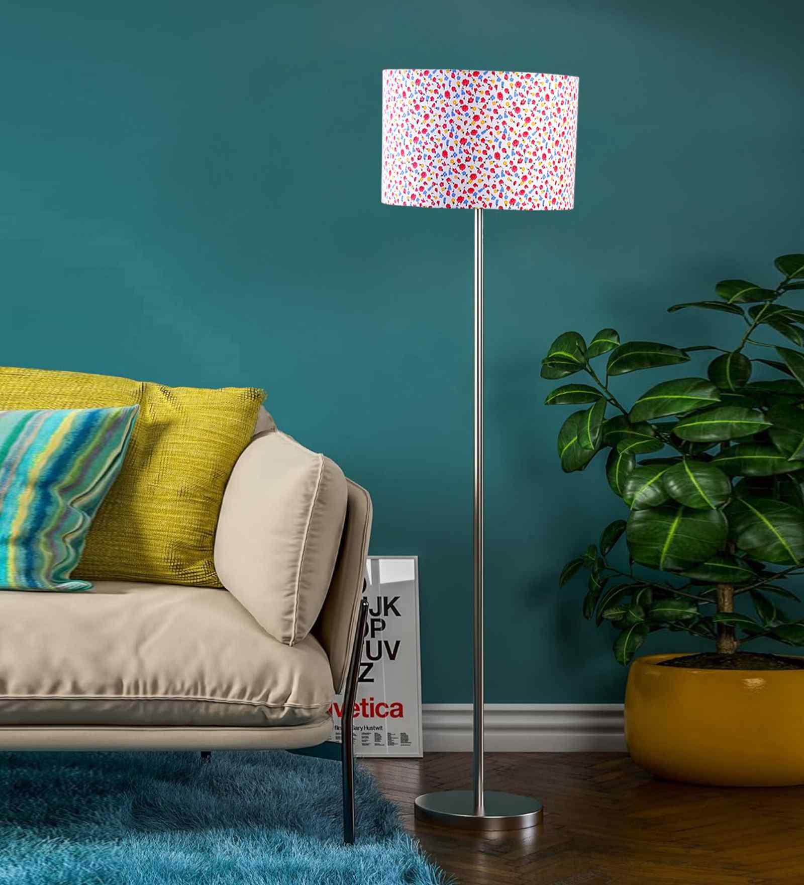 Multicolor Cotton Cotton Drum Shade Steel Floor Lamp Steel Base