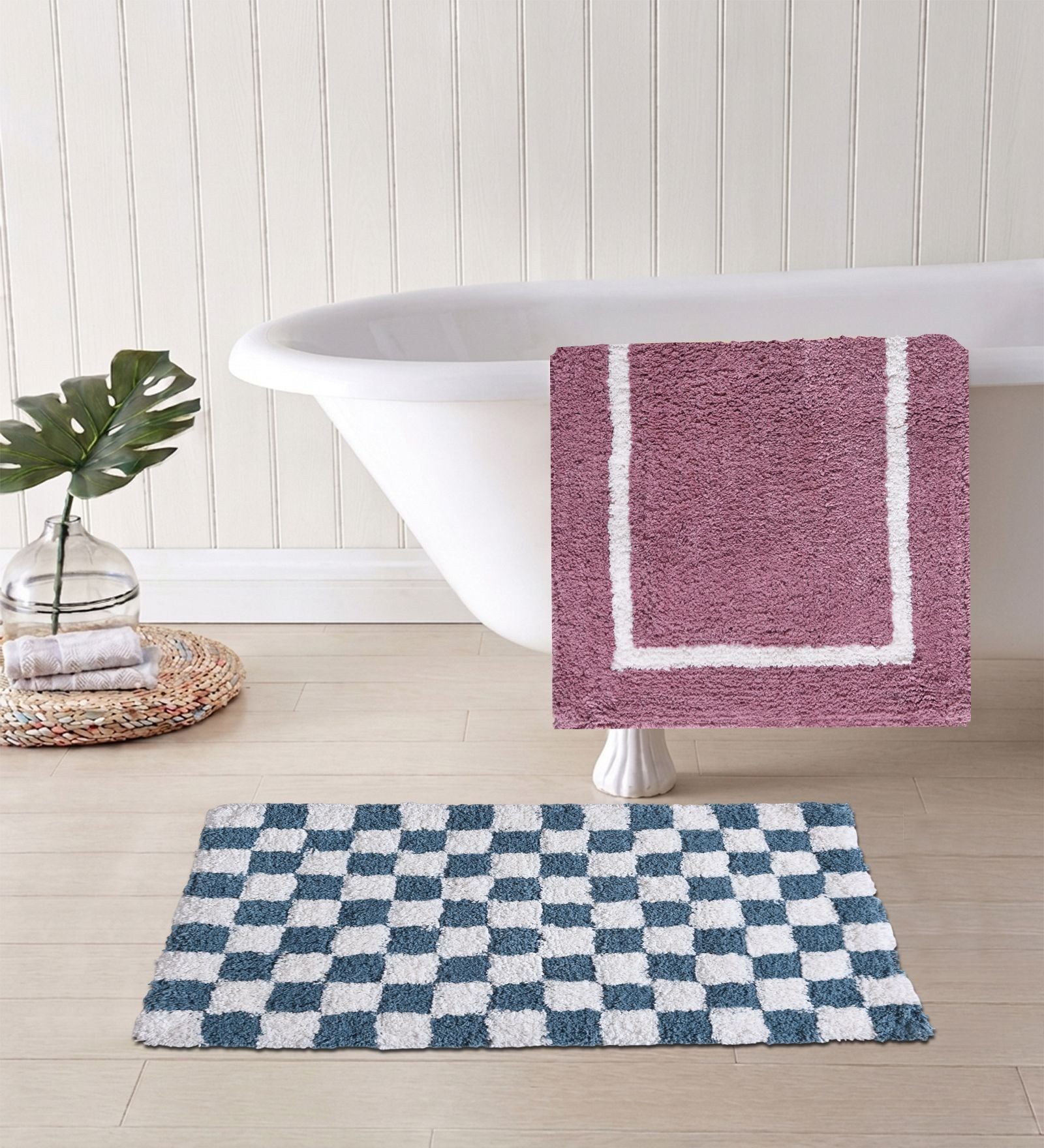 Blue And Purple Cotton 16X24 Inches Anti-Skid Bath Mat Set Of 2