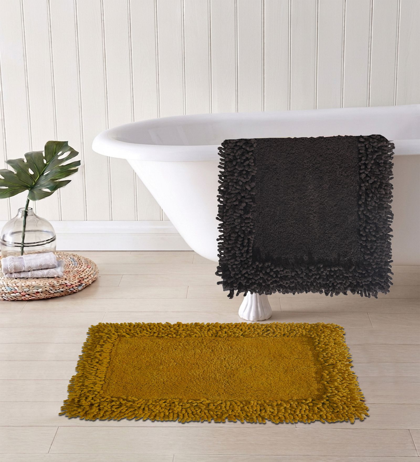 Yellow And Charcoal Cotton 16X24 Inches Anti-Skid Bath Mat Set Of 2