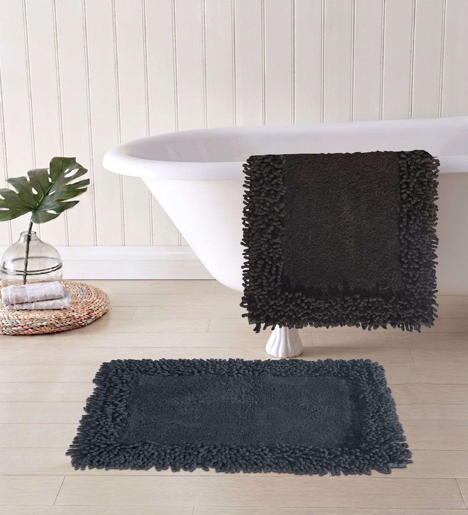 Grey And Charcoal Cotton 16X24 Inches Anti-Skid Bath Mat Set Of 2