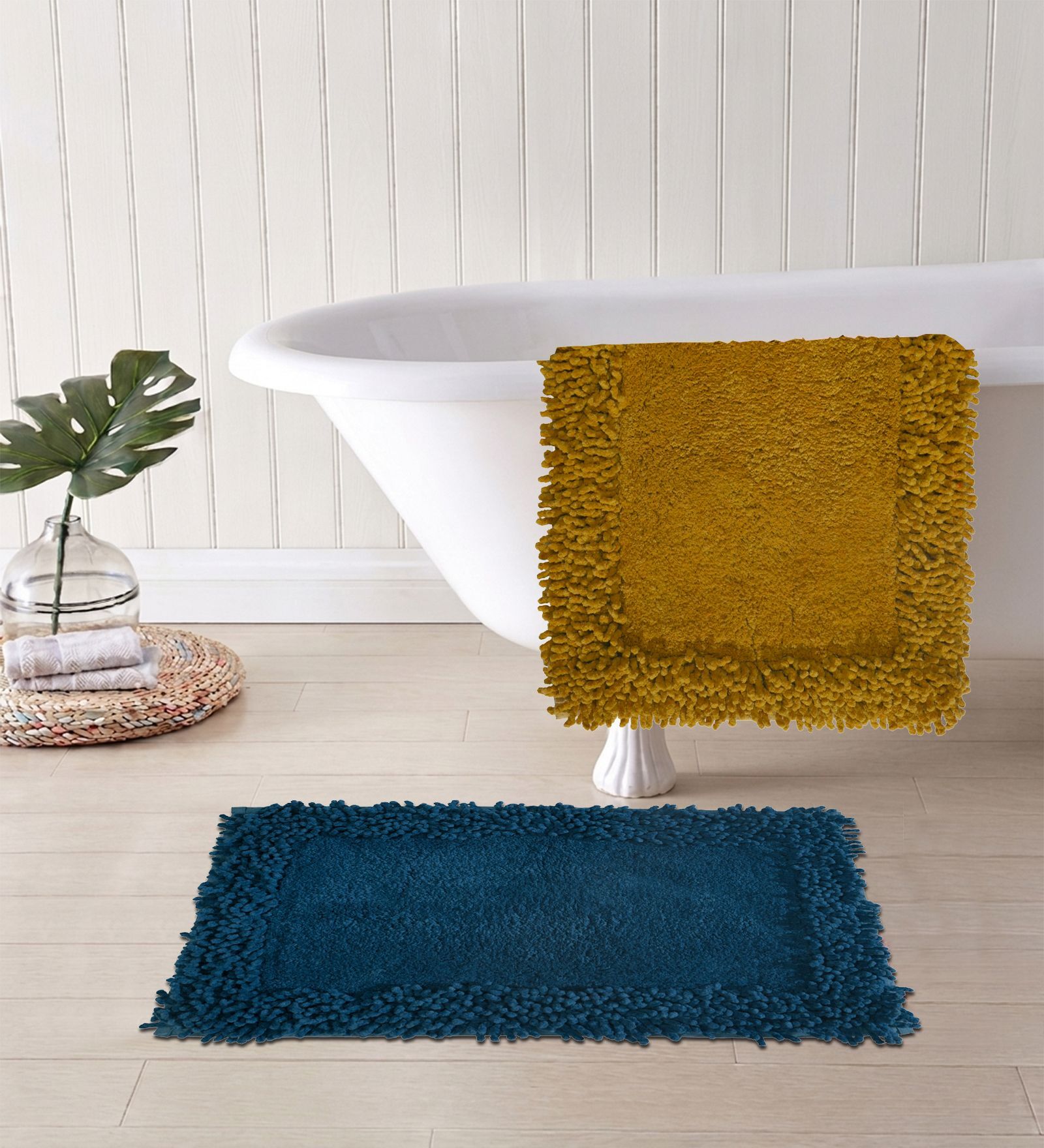 Blue And Yellow Cotton 16X24 Inches Anti-Skid Bath Mat Set Of 2