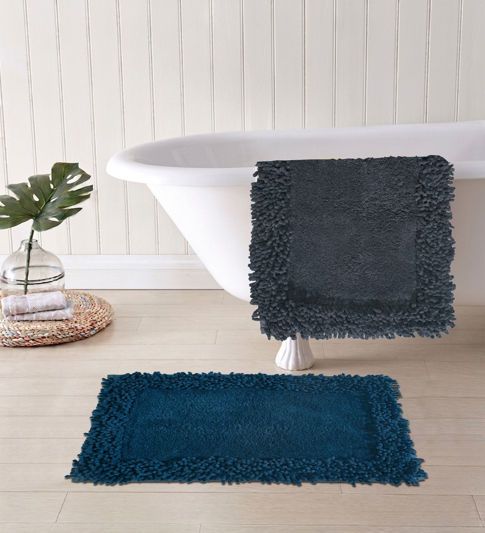 Blue And Grey Cotton 16X24 Inches Anti-Skid Bath Mat Set Of 2