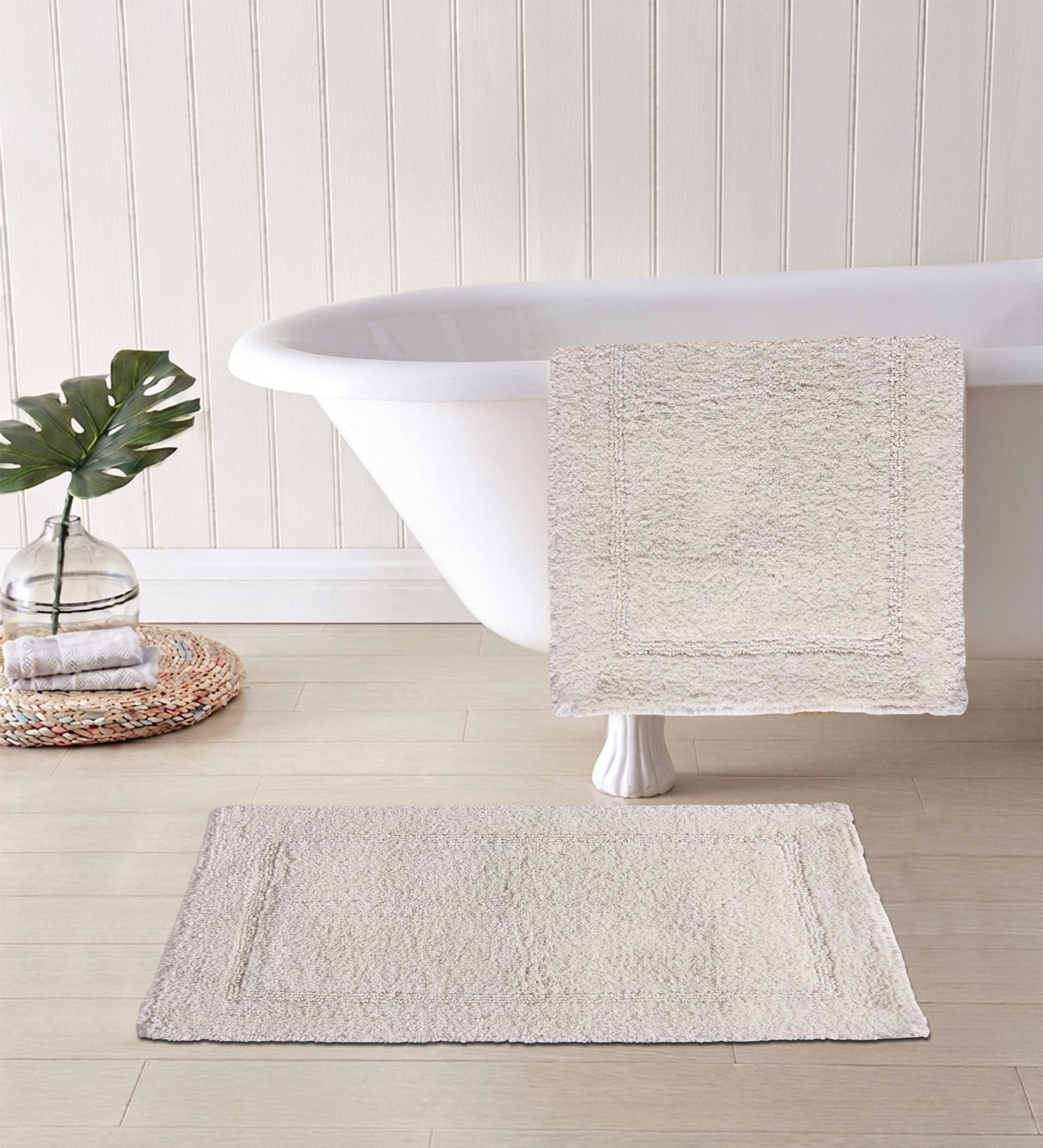 Beige Cotton 16X24 Inches Anti-Skid Bath Mat Set Of 2