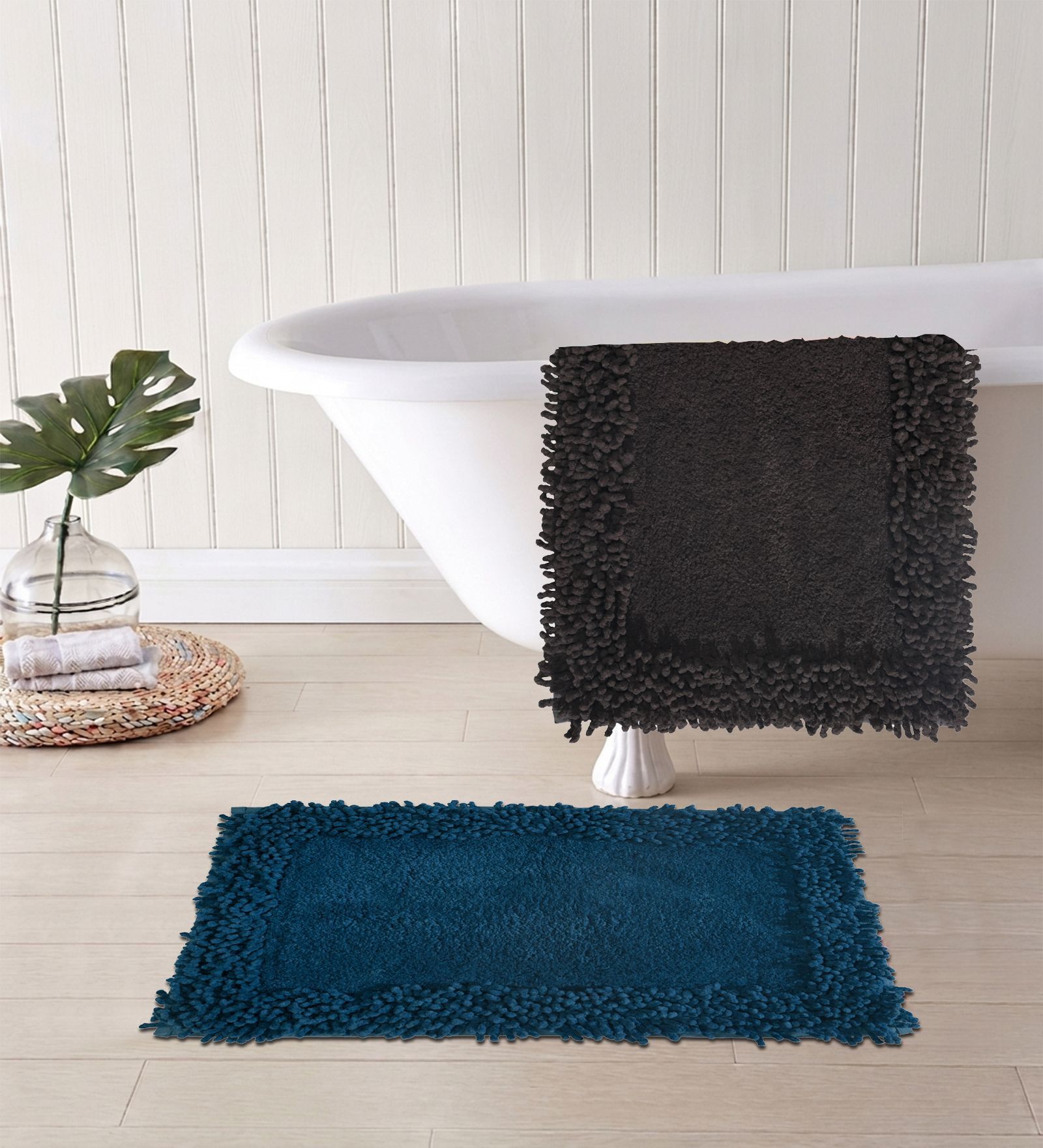 Blue And Brown Cotton 16X24 Inches Anti-Skid Bath Mat Set Of 2