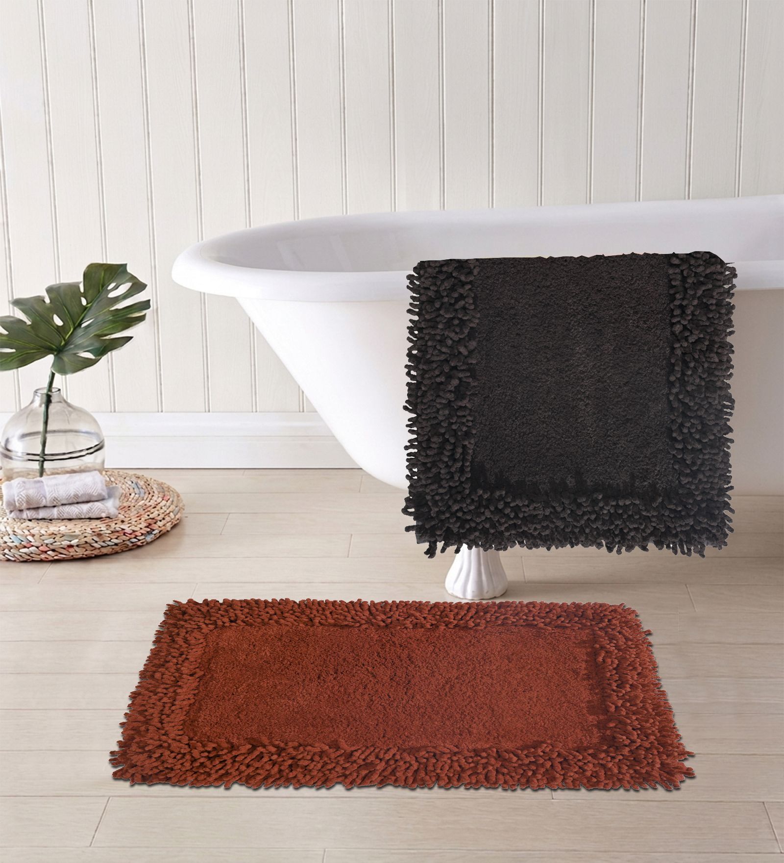 Red And Black Cotton 16X24 Inches Anti-Skid Bath Mat Set Of 2
