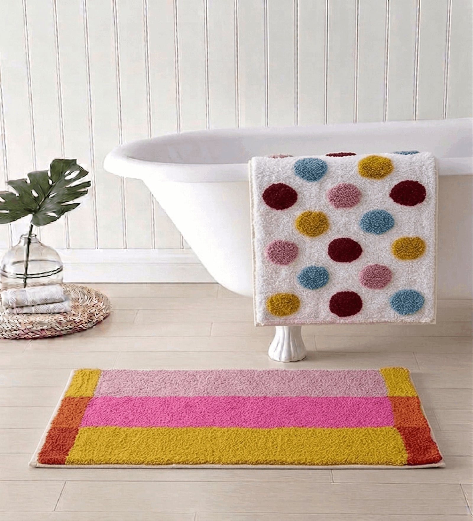 Multicolor Cotton 16X24 Inches Anti-Skid Bath Mat Set Of 2