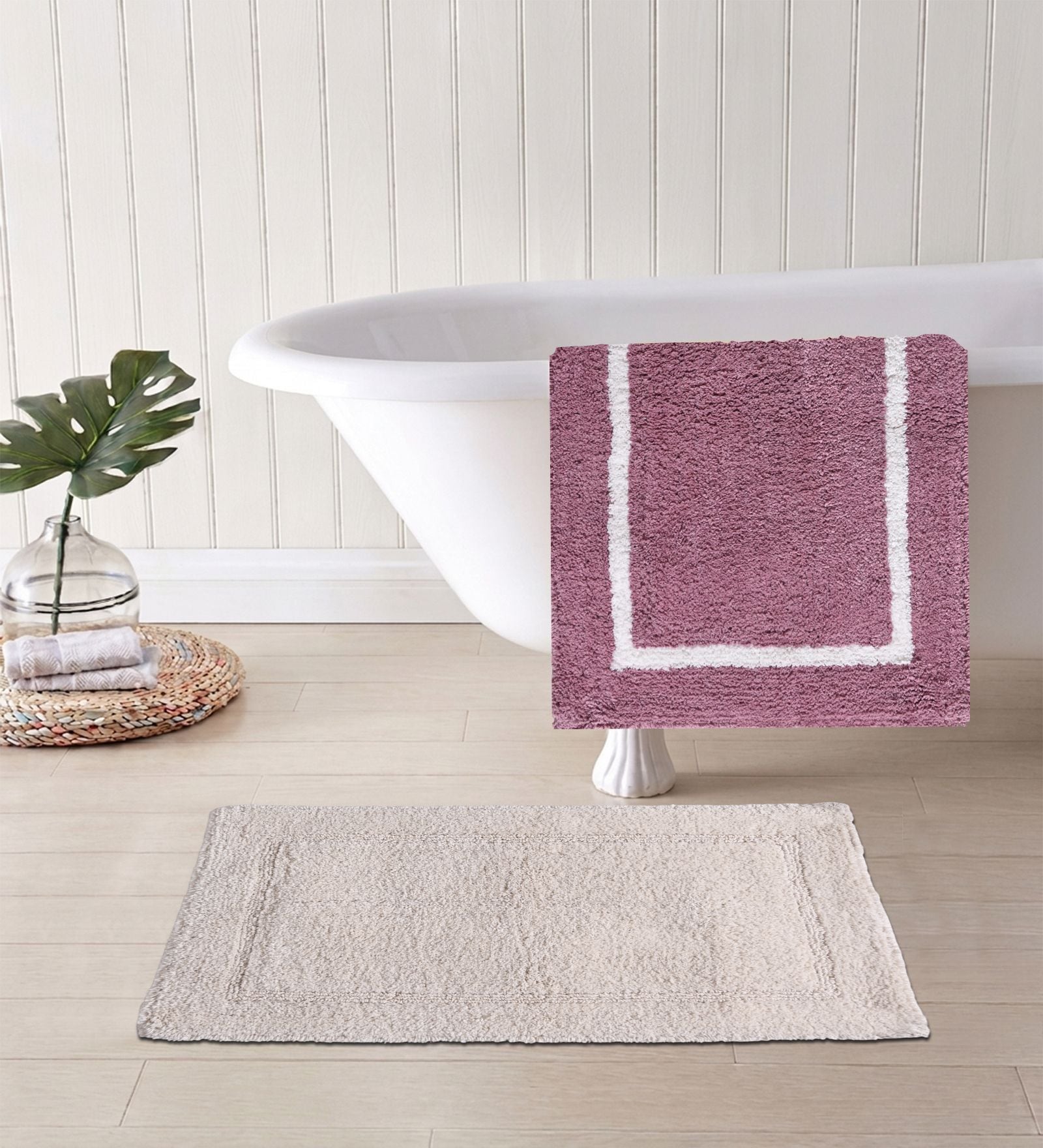 Cream And Purple Cotton 16X24 Inches Anti-Skid Bath Mat Set Of 2
