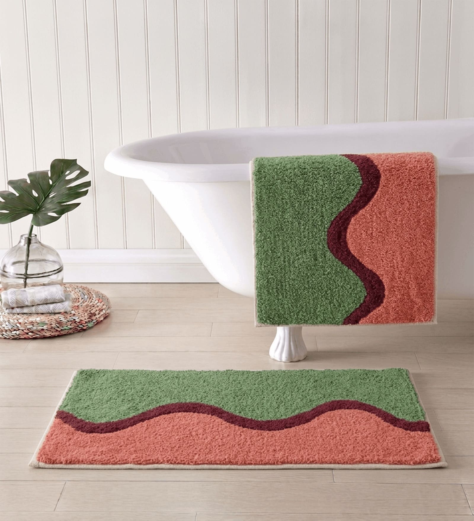 Green And Red Cotton 16X24 Inches Anti-Skid Bath Mat Set Of 2
