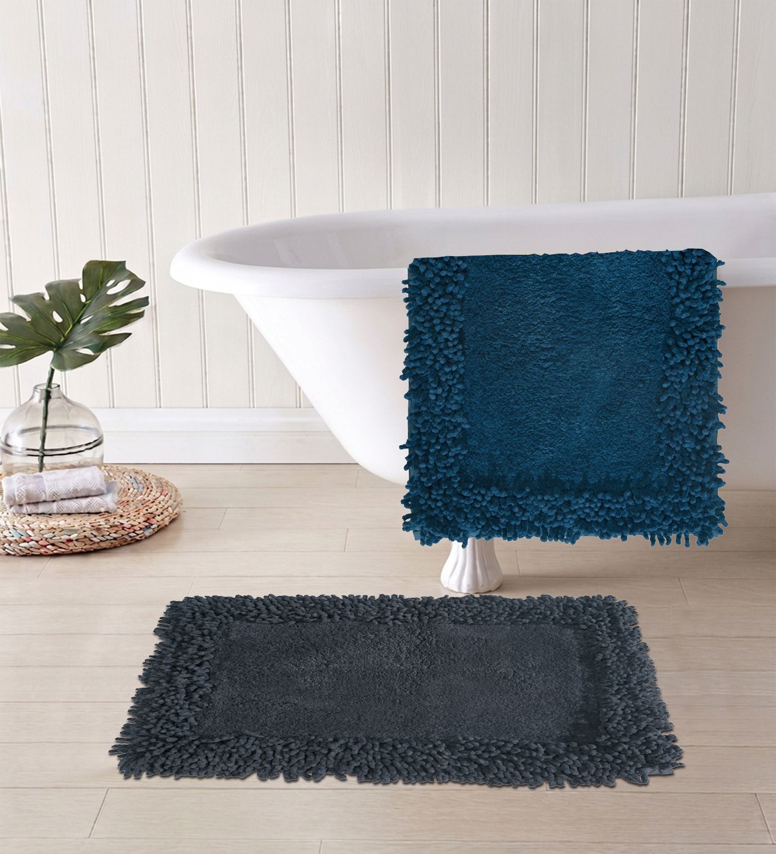 Grey And Blue Cotton 16X24 Inches Anti-Skid Bath Mat Set Of 2