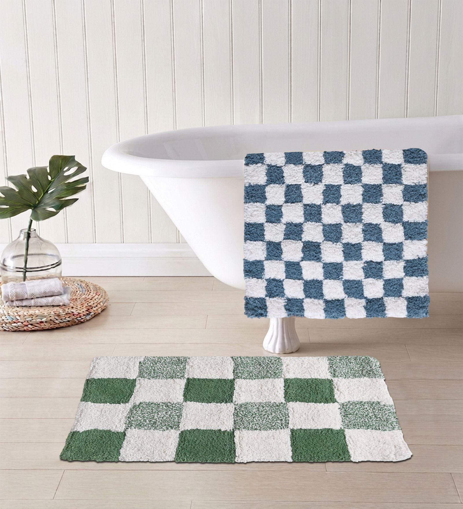 Green And Blue Cotton 16X24 Inches Anti-Skid Bath Mat Set Of 2