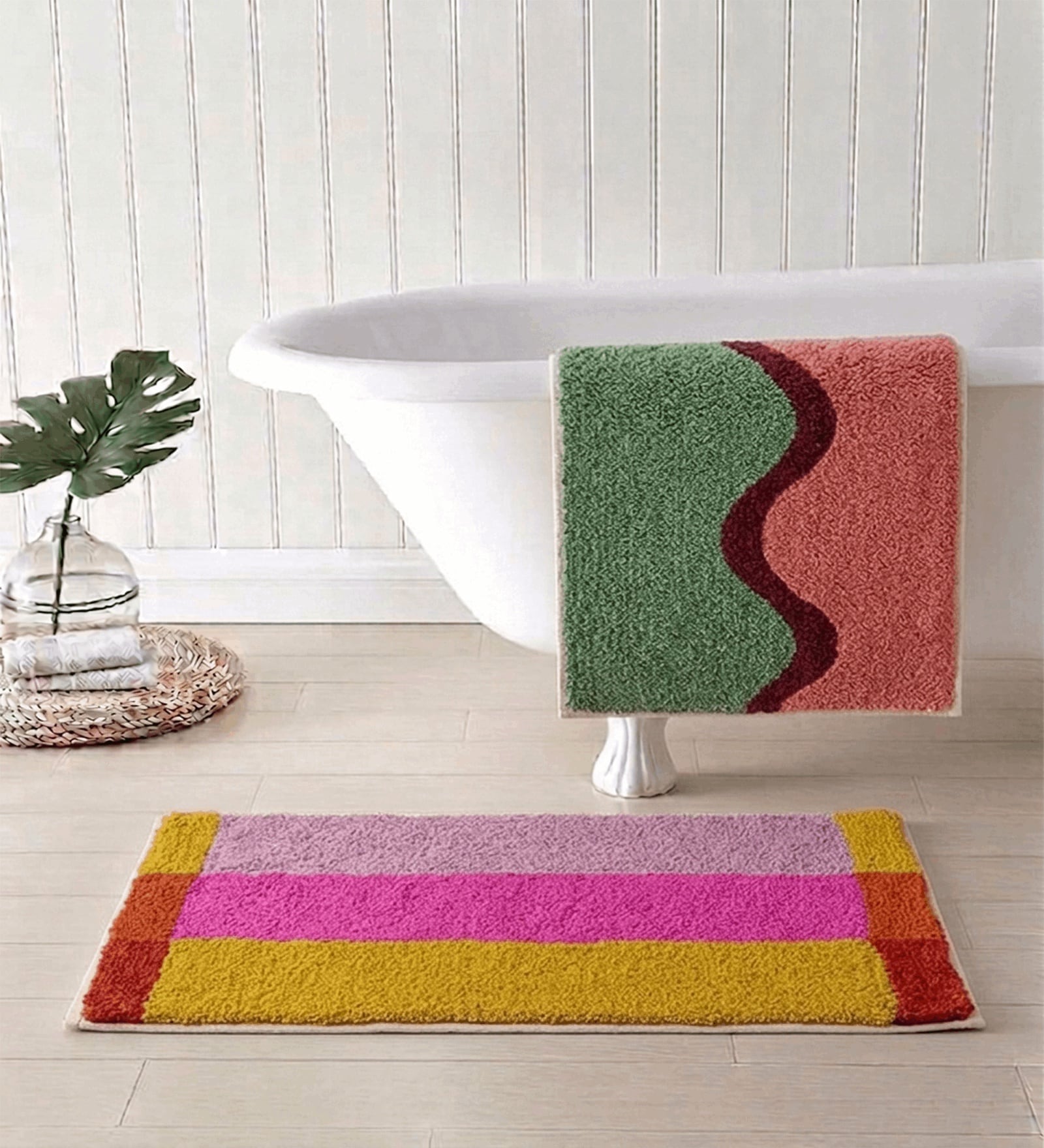 Multicolor Cotton 16X24 Inches Anti-Skid Bath Mat Set Of 2
