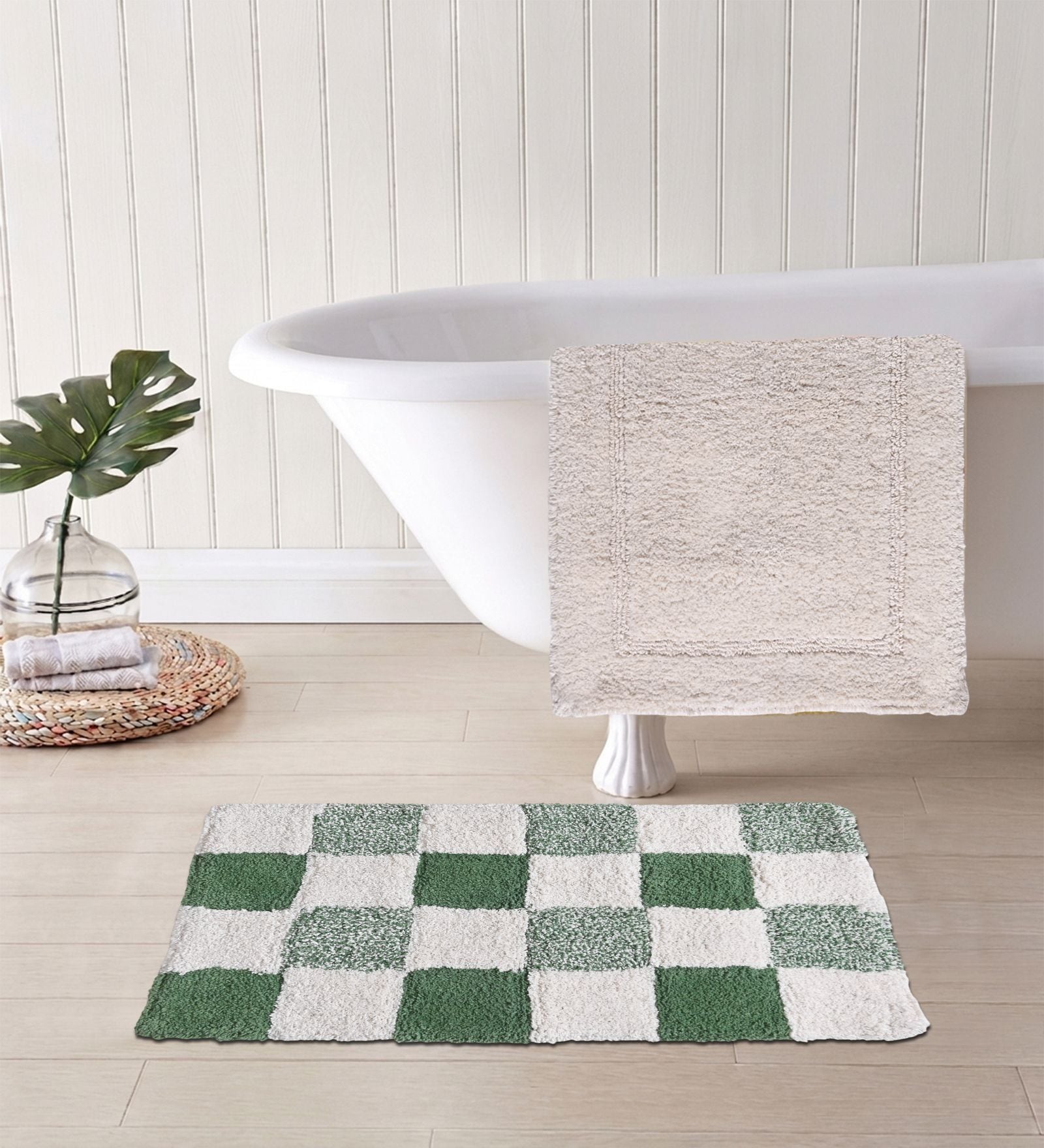 Green Cotton 16X24 Inches Anti-Skid Bath Mat Set Of 2