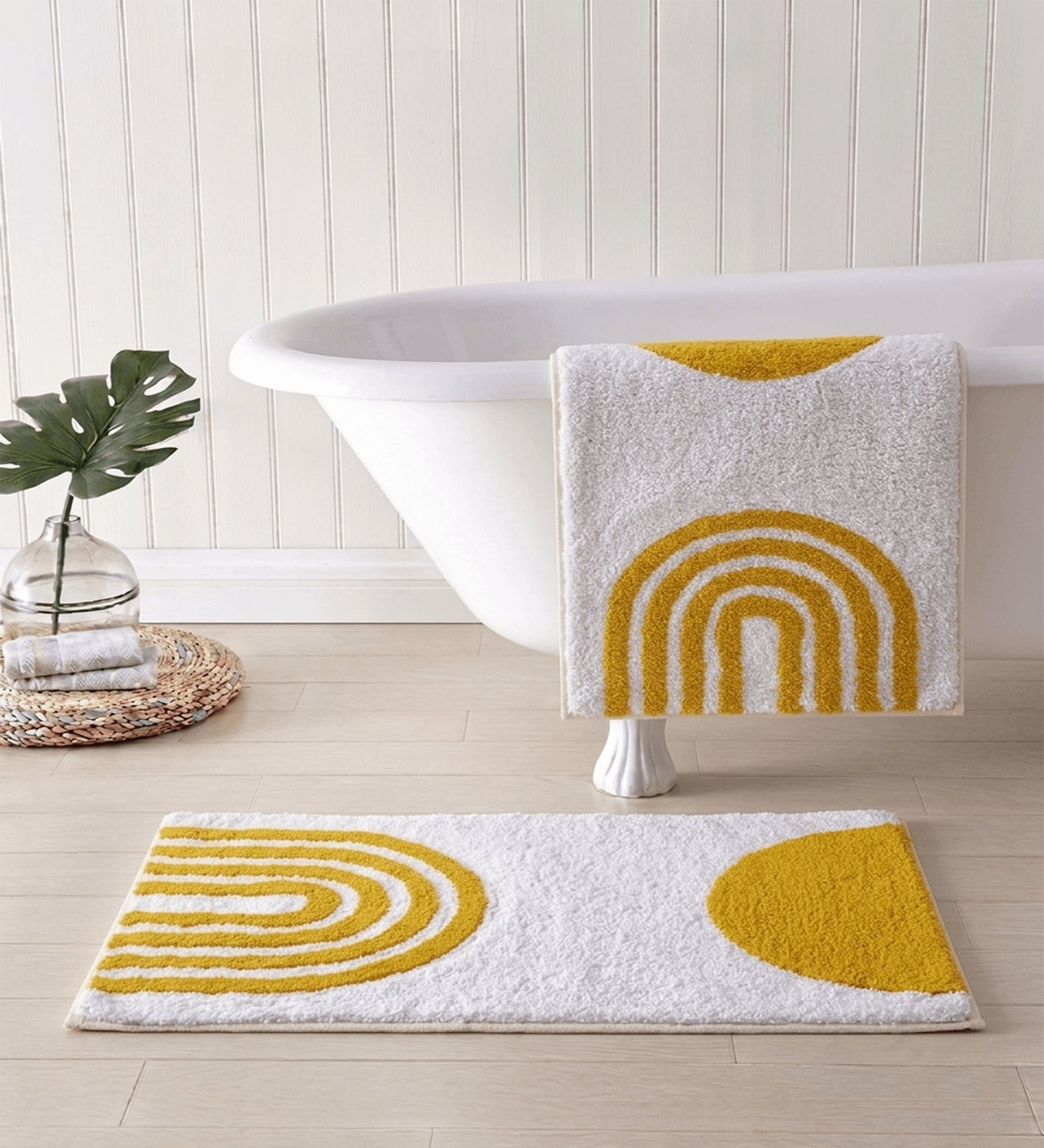 Yellow And White Cotton 16X24 Inches Anti-Skid Bath Mat Set Of 2