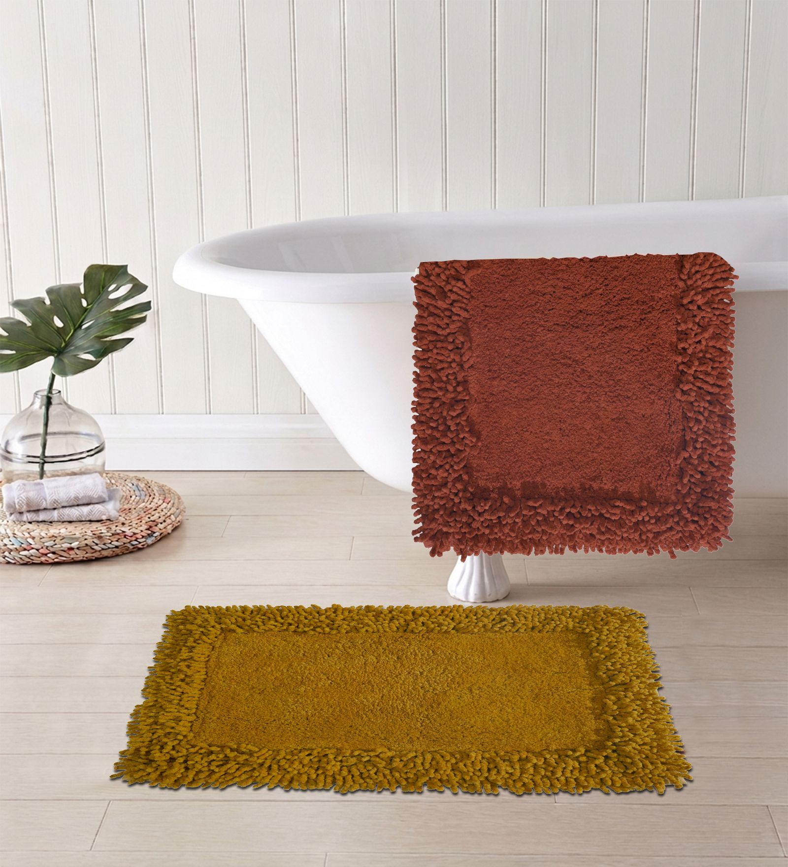 Yellow And Red Cotton 16X24 Inches Anti-Skid Bath Mat Set Of 2