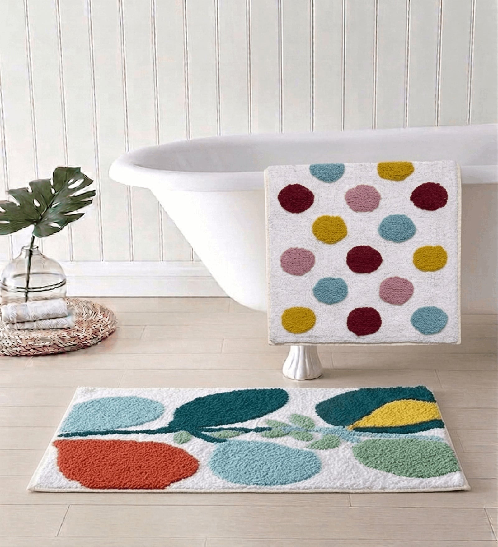 Multicolor Cotton 16X24 Inches Anti-Skid Bath Mat Set Of 2