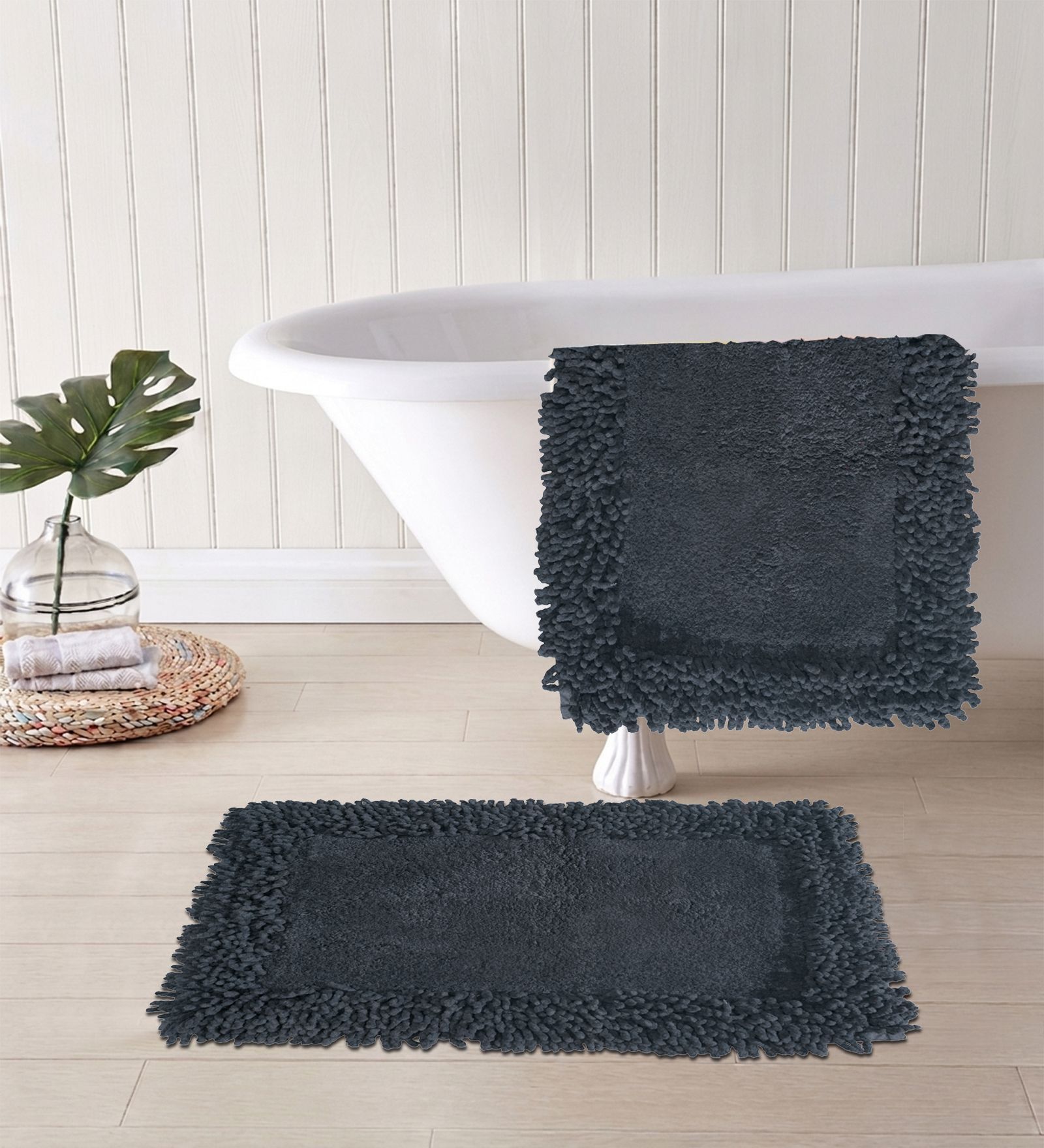Grey Cotton 16X24 Inches Anti-Skid Bath Mat Set Of 2