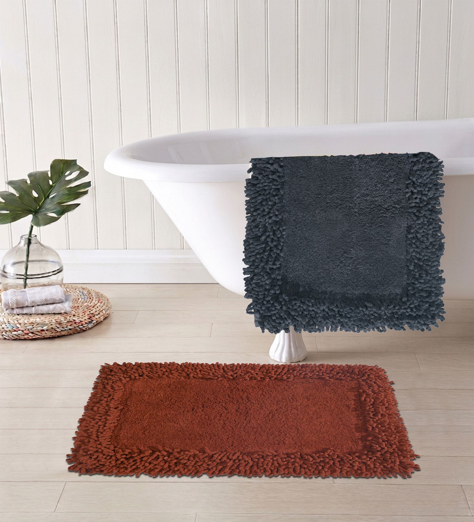 Red And Grey Cotton 16X24 Inches Anti-Skid Bath Mat Set Of 2