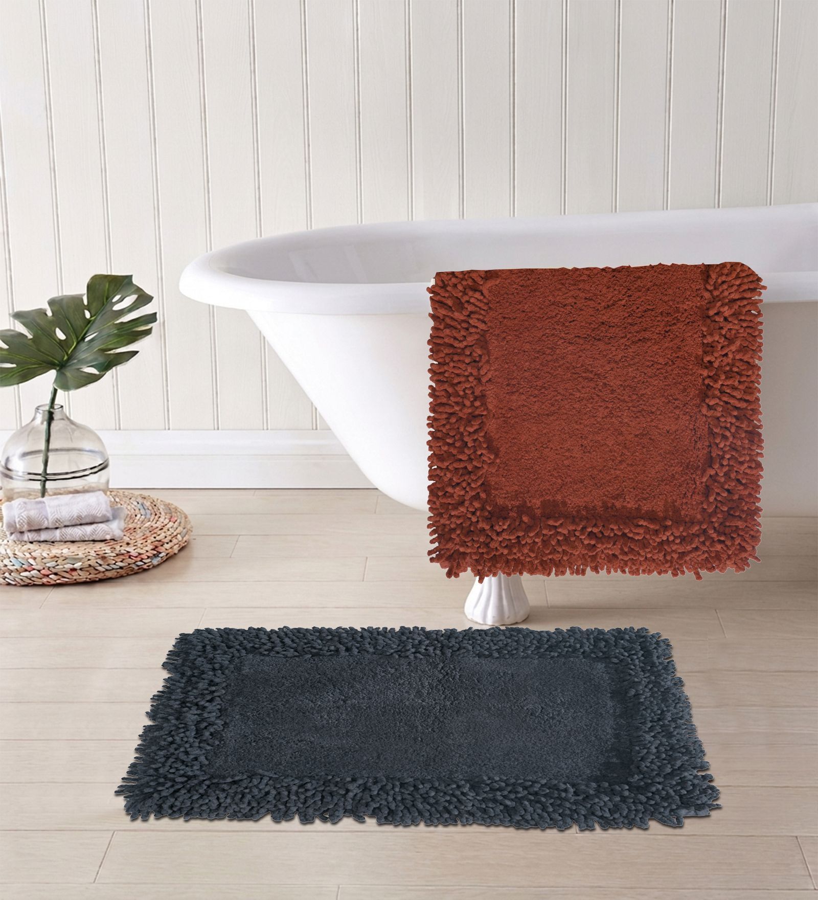 Grey And Red Cotton 16X24 Inches Anti-Skid Bath Mat Set Of 2