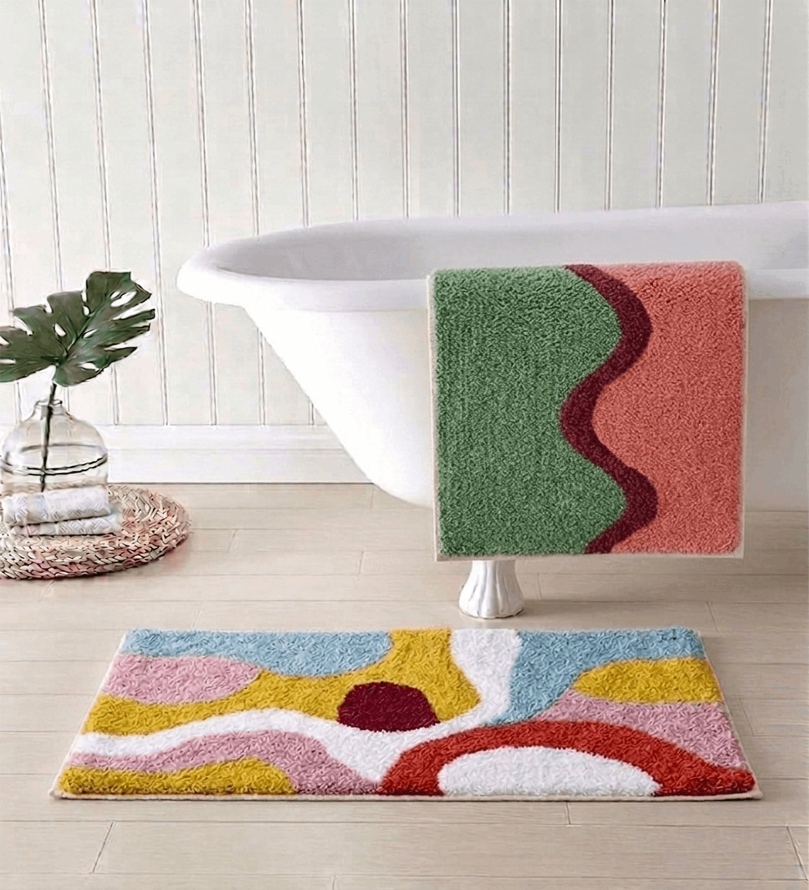 Multicolor Cotton 16X24 Inches Anti-Skid Bath Mat Set Of 2